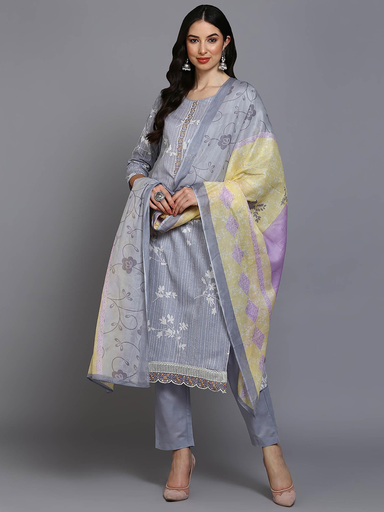 women grey cotton blend floral printed straight kurta pants with dupatta (set of 3)