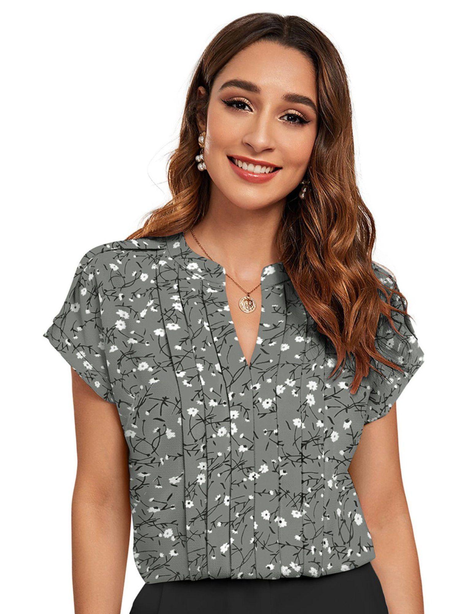 women grey cotton blend floral printed top