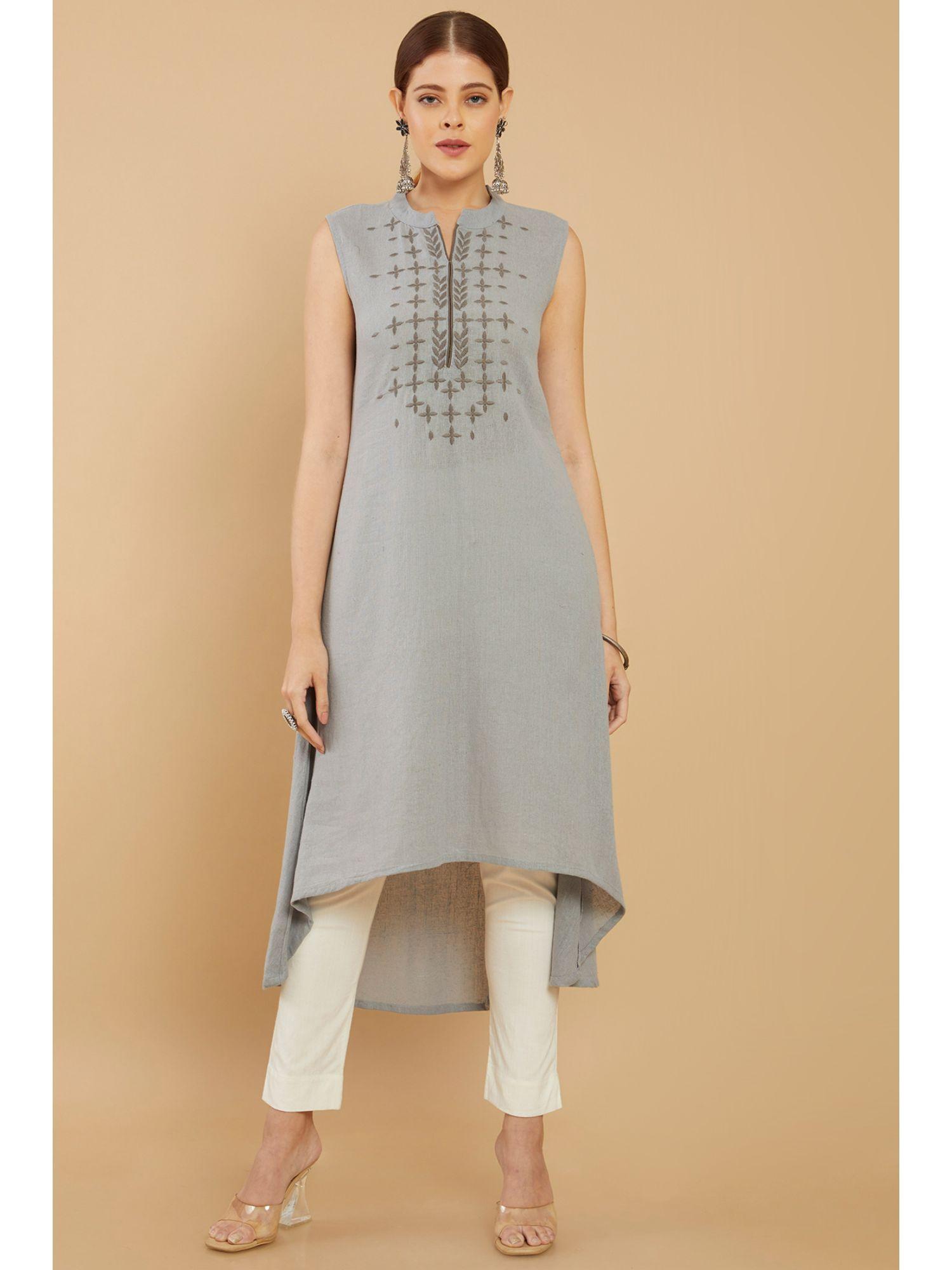 women grey cotton embroidered kurta