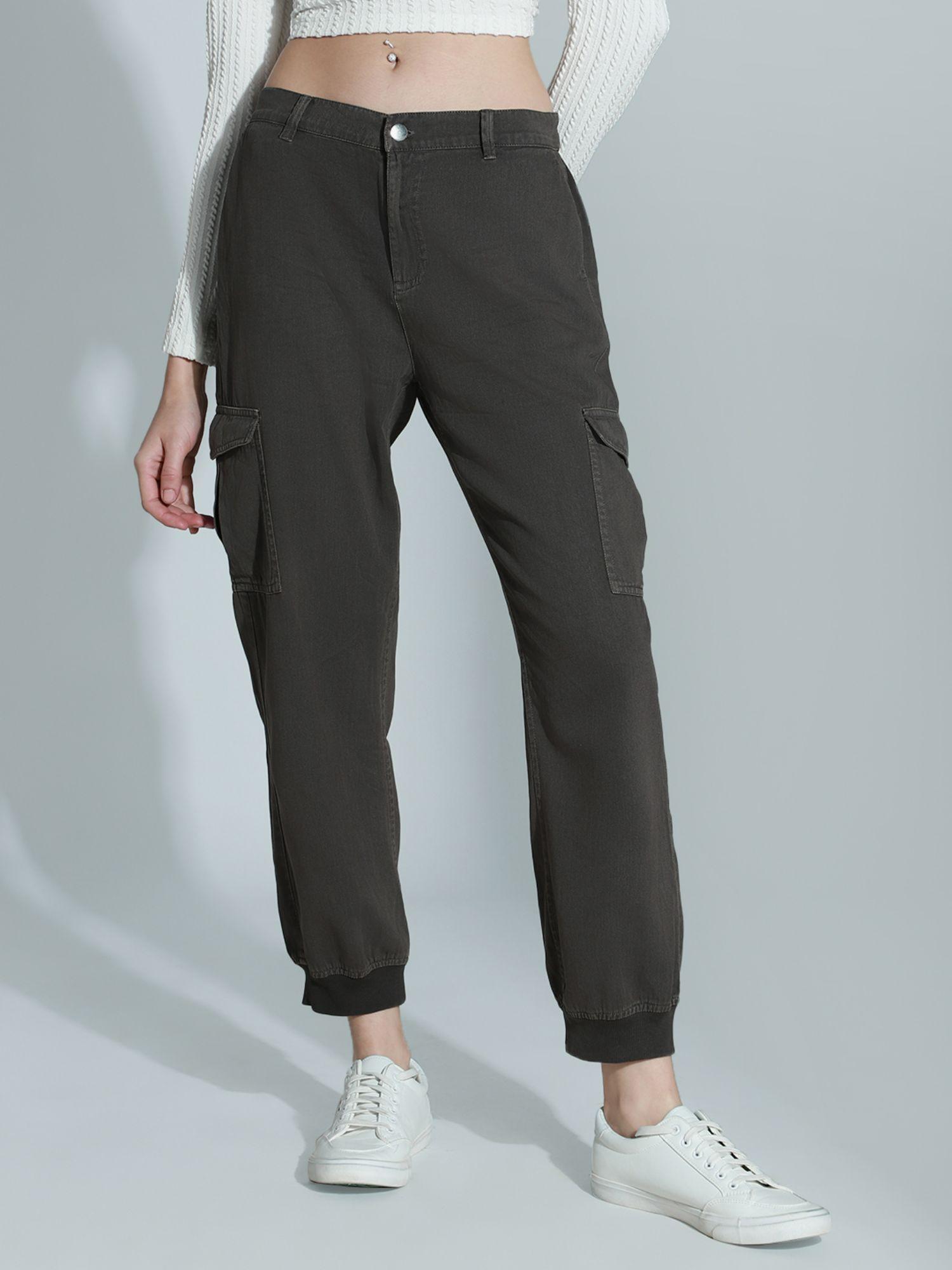 women grey cotton fabric casual regular trousers