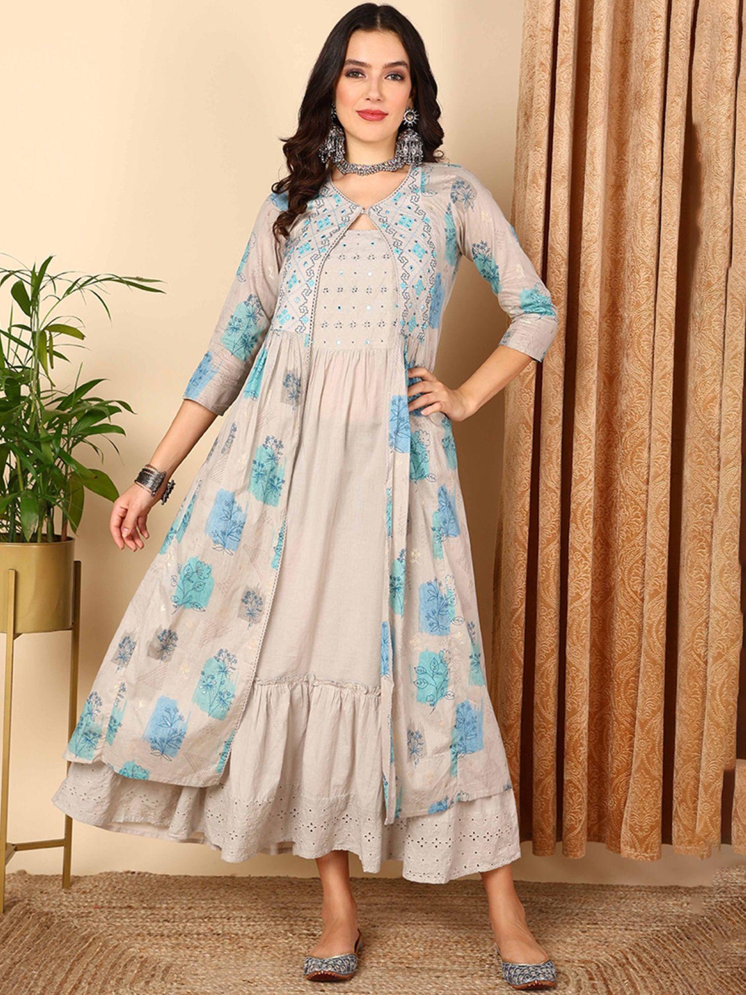 women grey cotton flared kurta with ethnic embroidered shrug (vck9670) (set of 2)