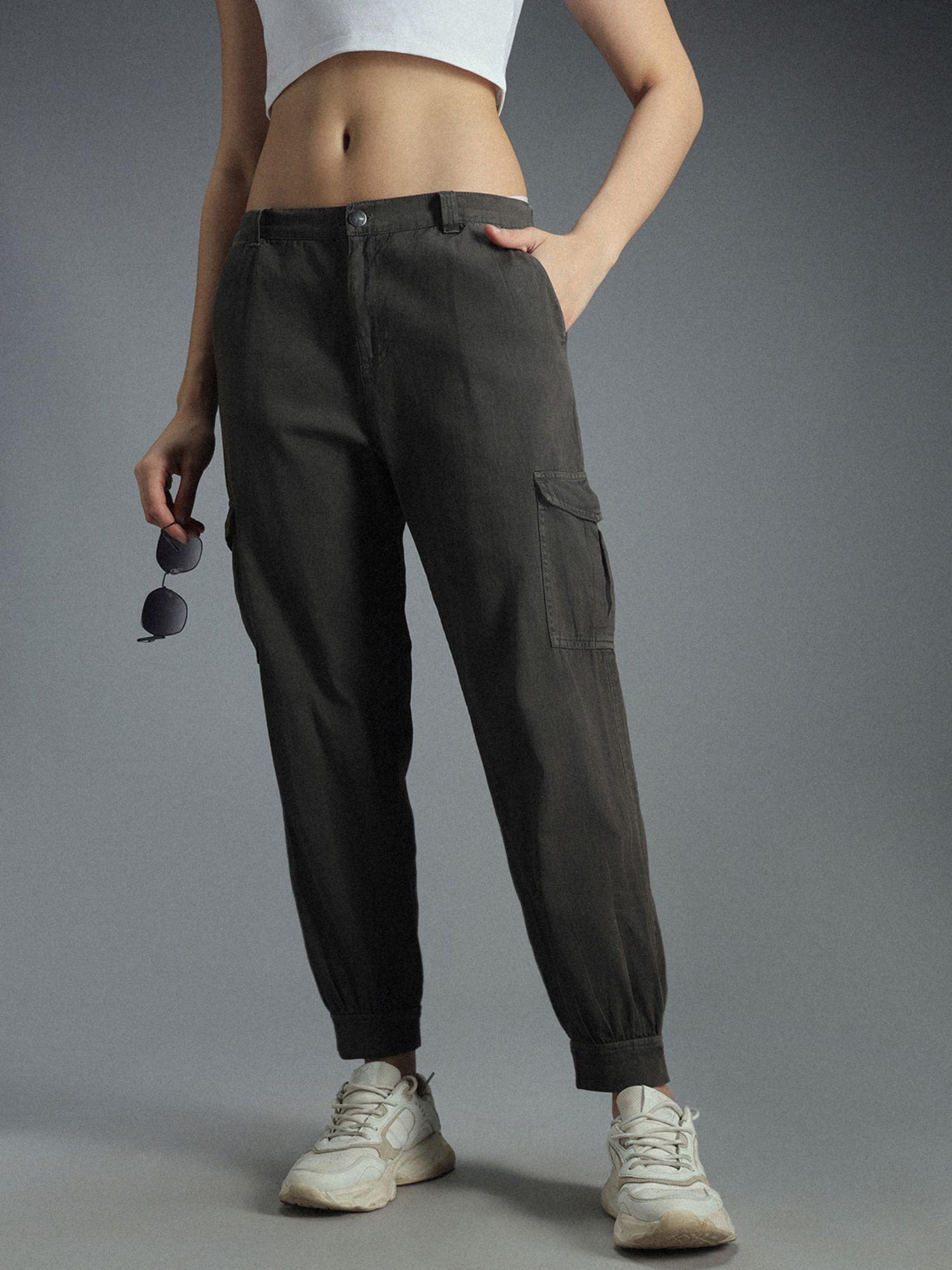 women grey cotton regular fit low waist trouser