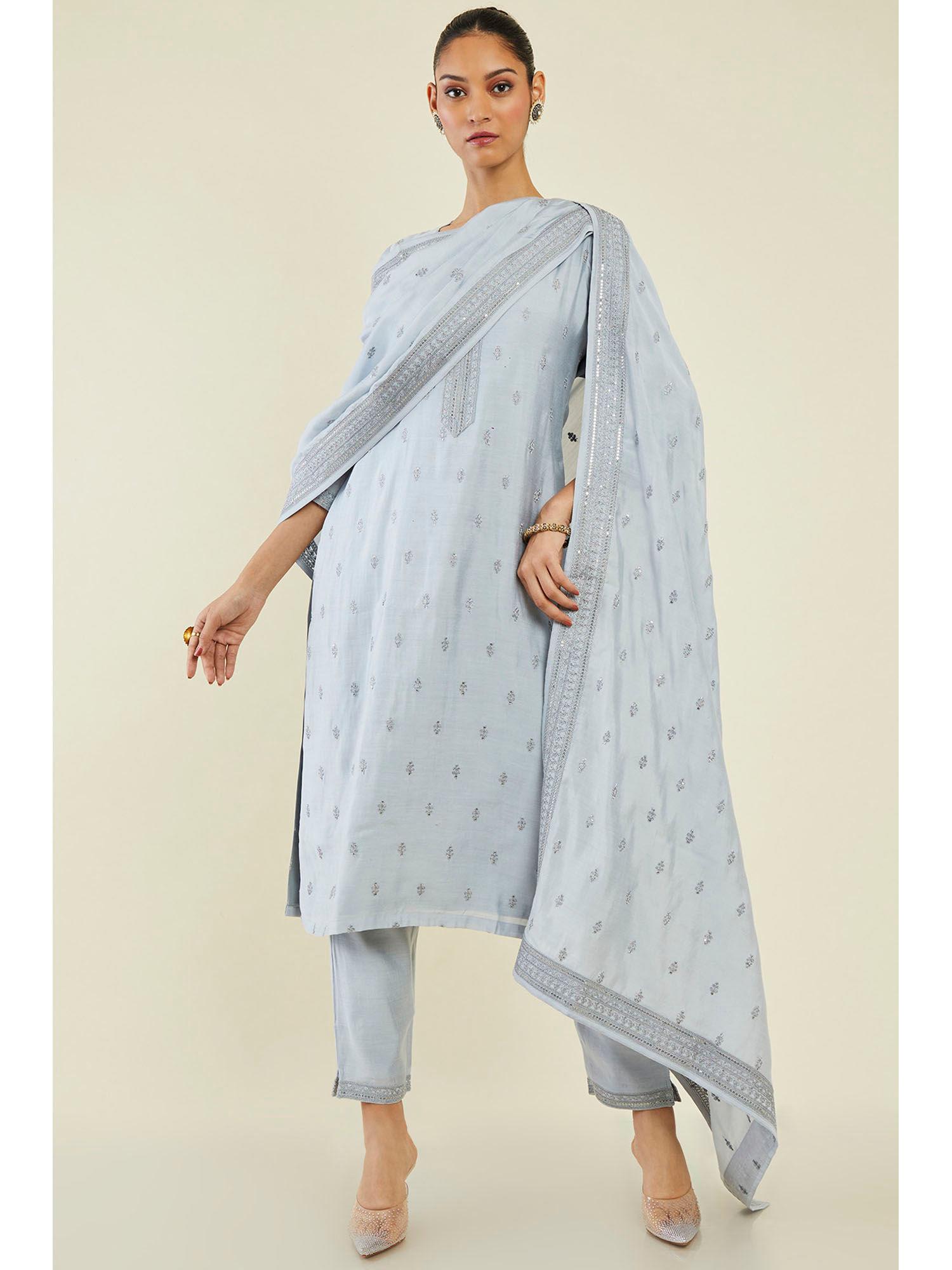 women grey cotton silk embroidered suit (set of 3)