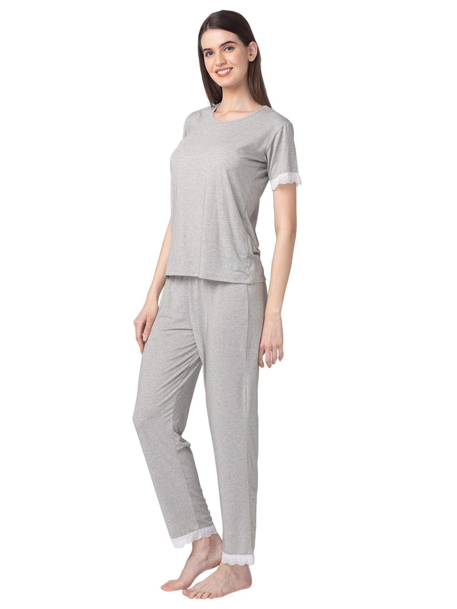 women grey cotton t-shirt with pyjama night suit (set of 2)