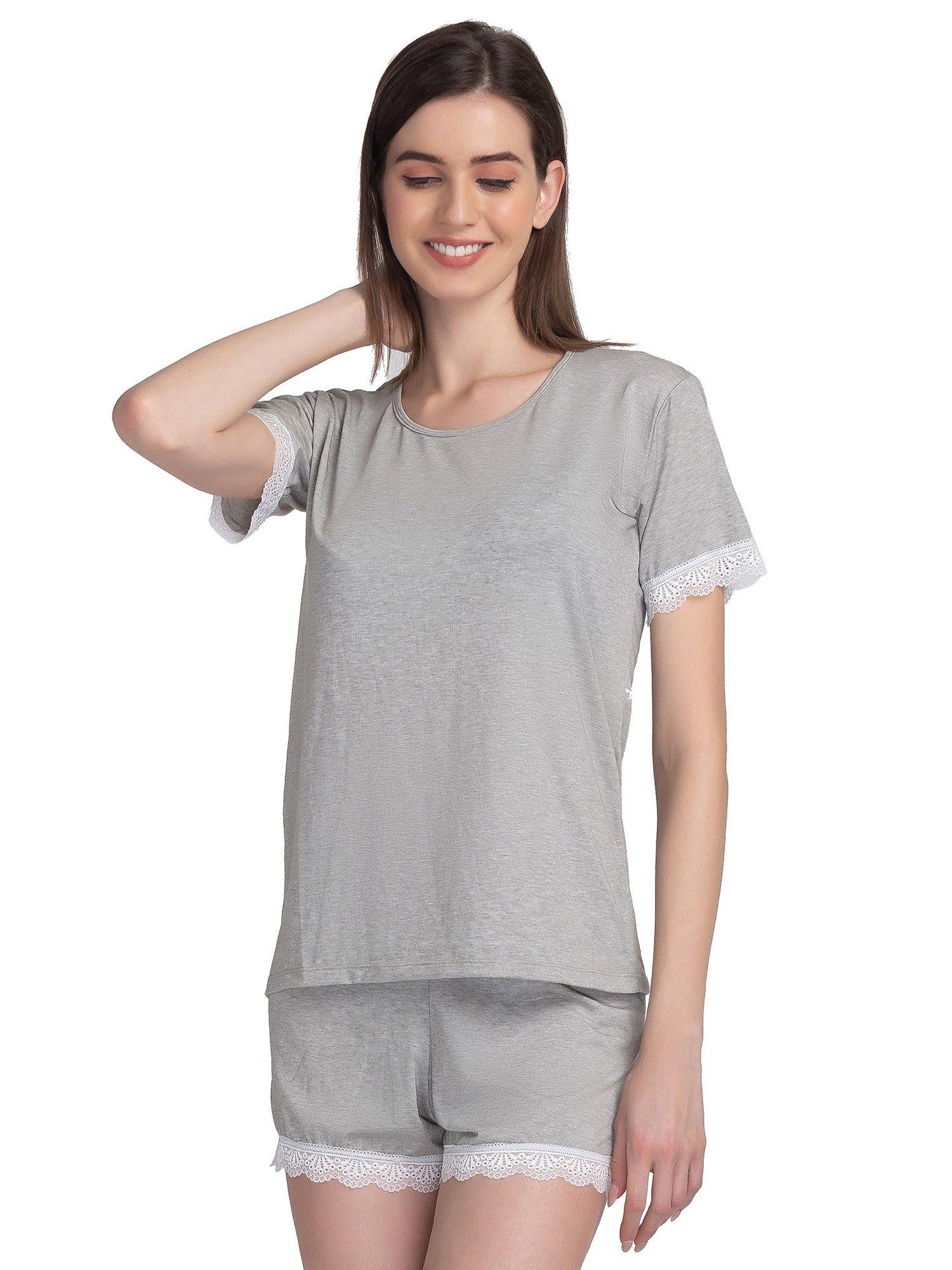 women grey cotton t-shirt with shorts night suit (set of 2)