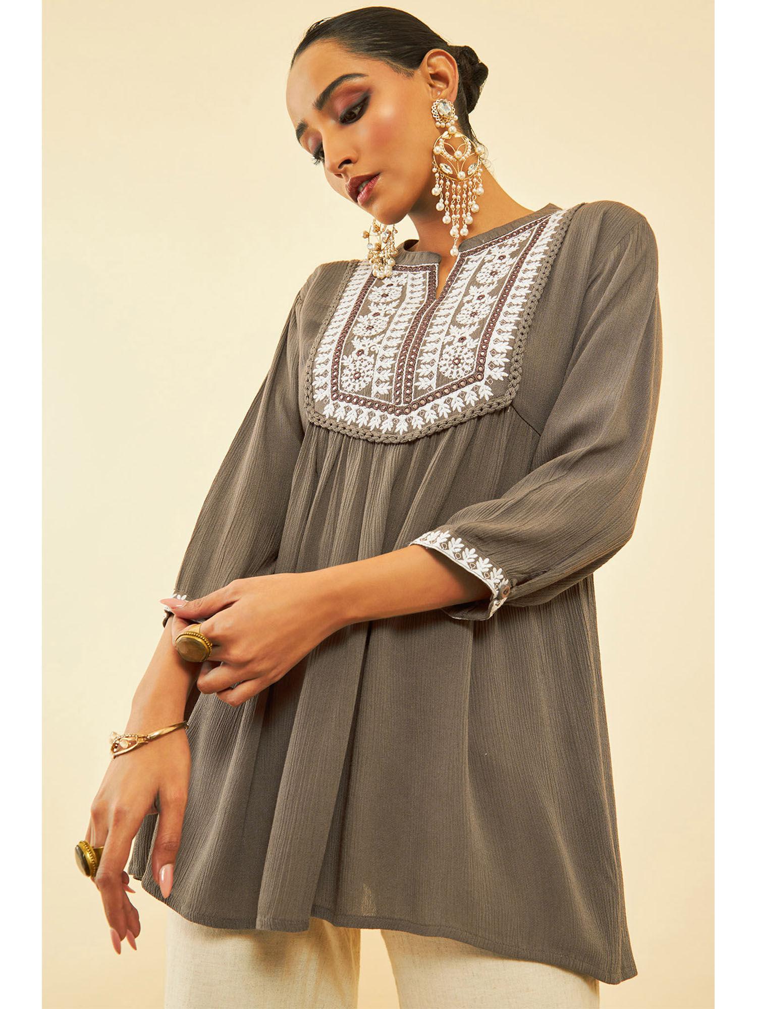 women grey crepe embroidered tunic