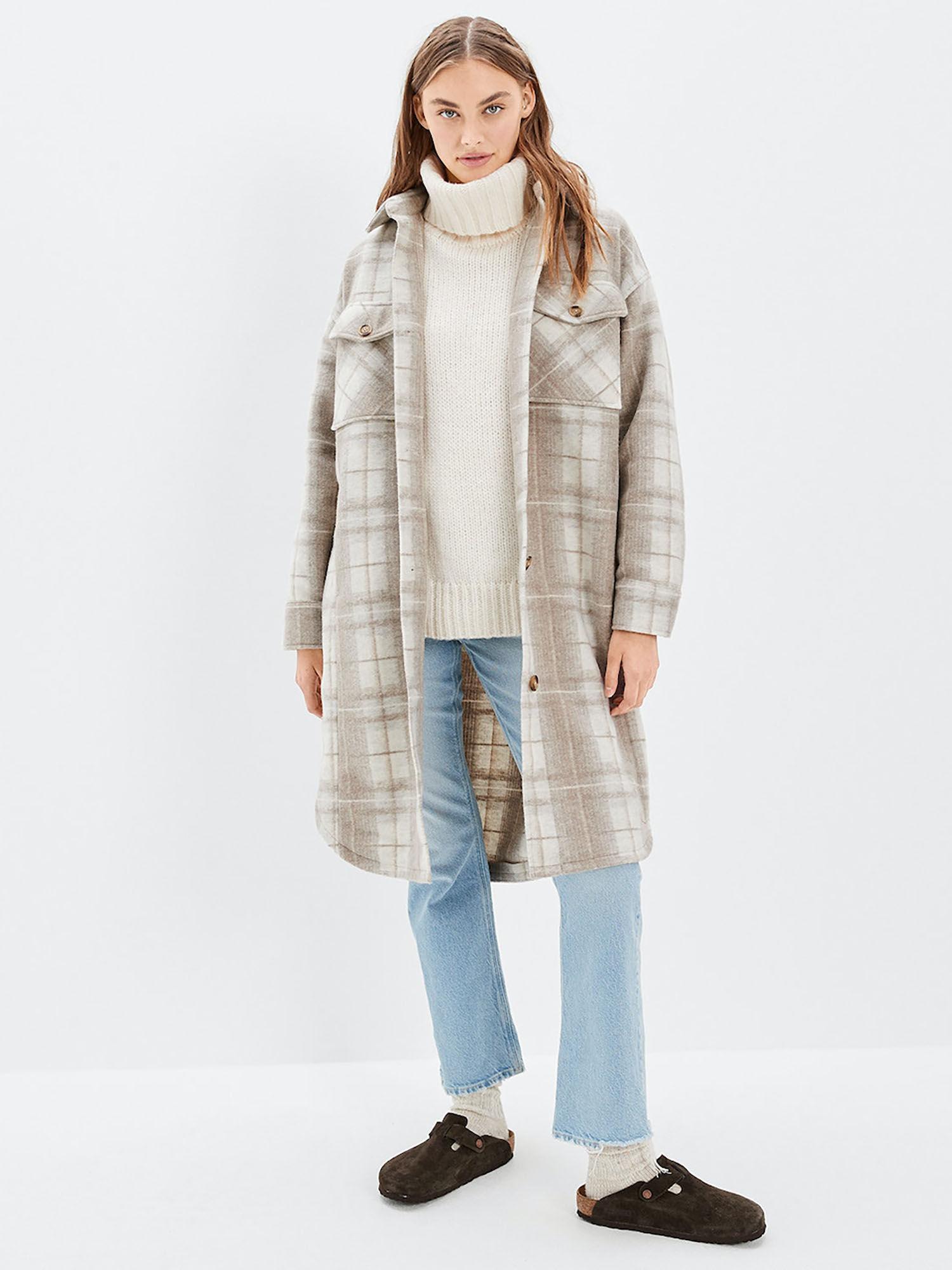 women grey elongated plaid shacket