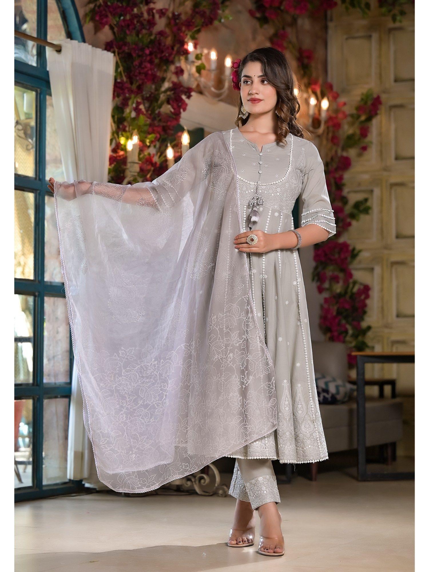 women grey embroidered anarkali kurta with pant & dupatta (set of 3)