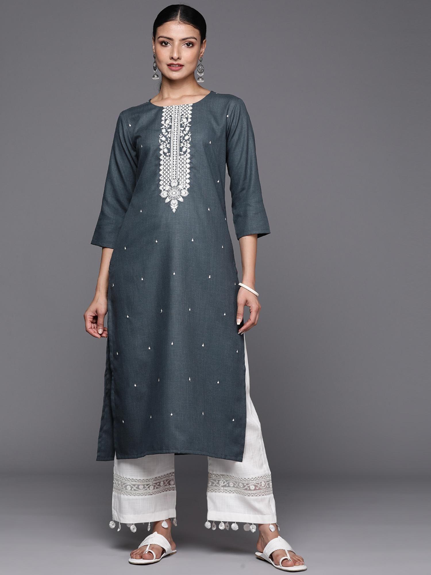 women grey embroidered straight kurta