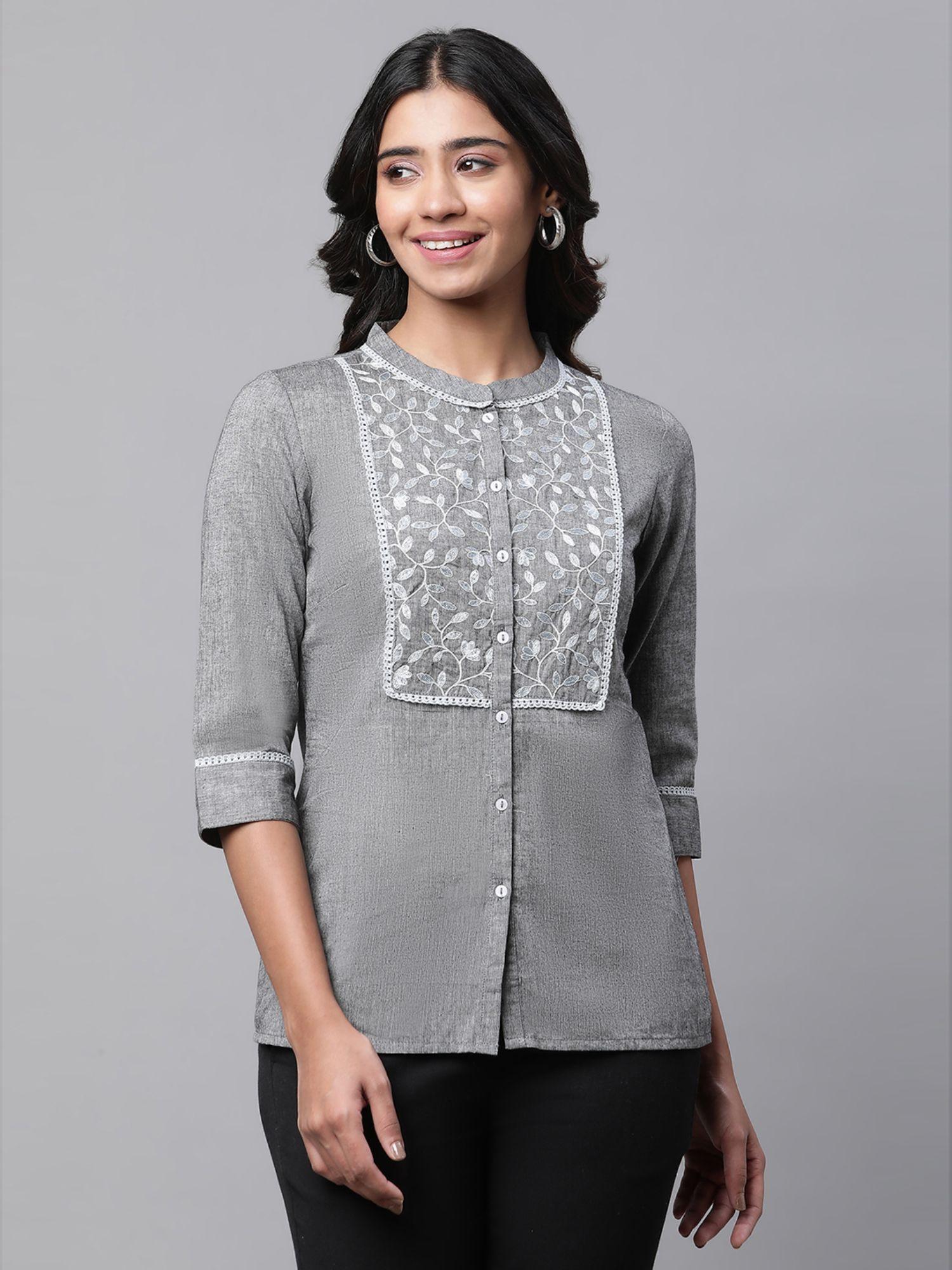 women grey embroidered three fourth sleeves mandarin neck kurti