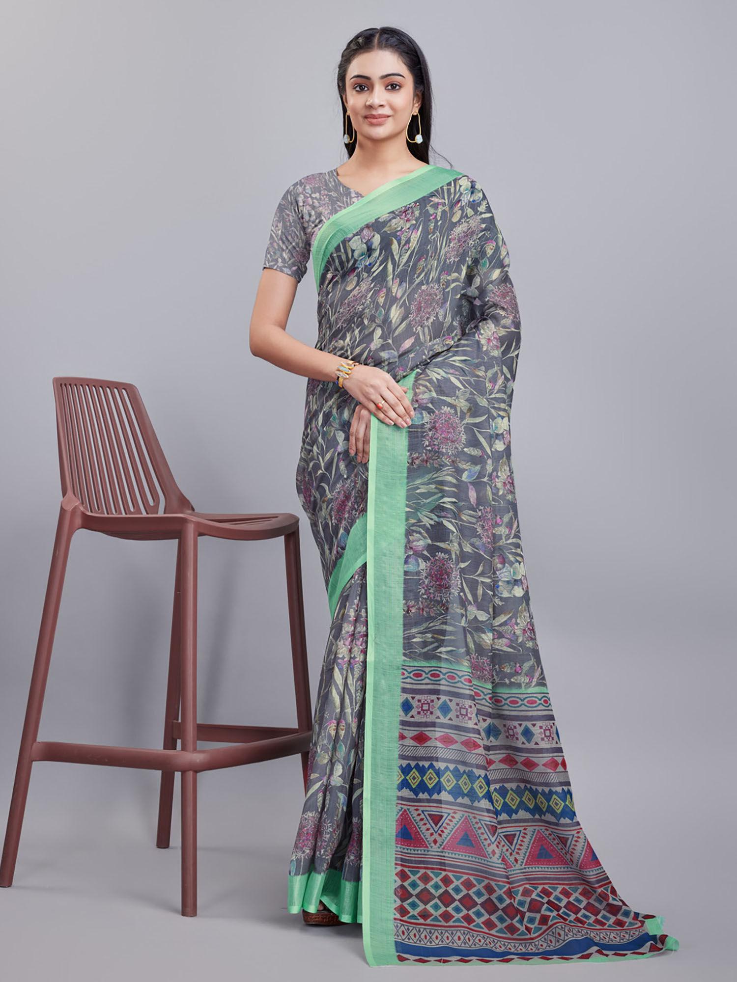 women grey floral digital printed cotton saree with unstitched blouse