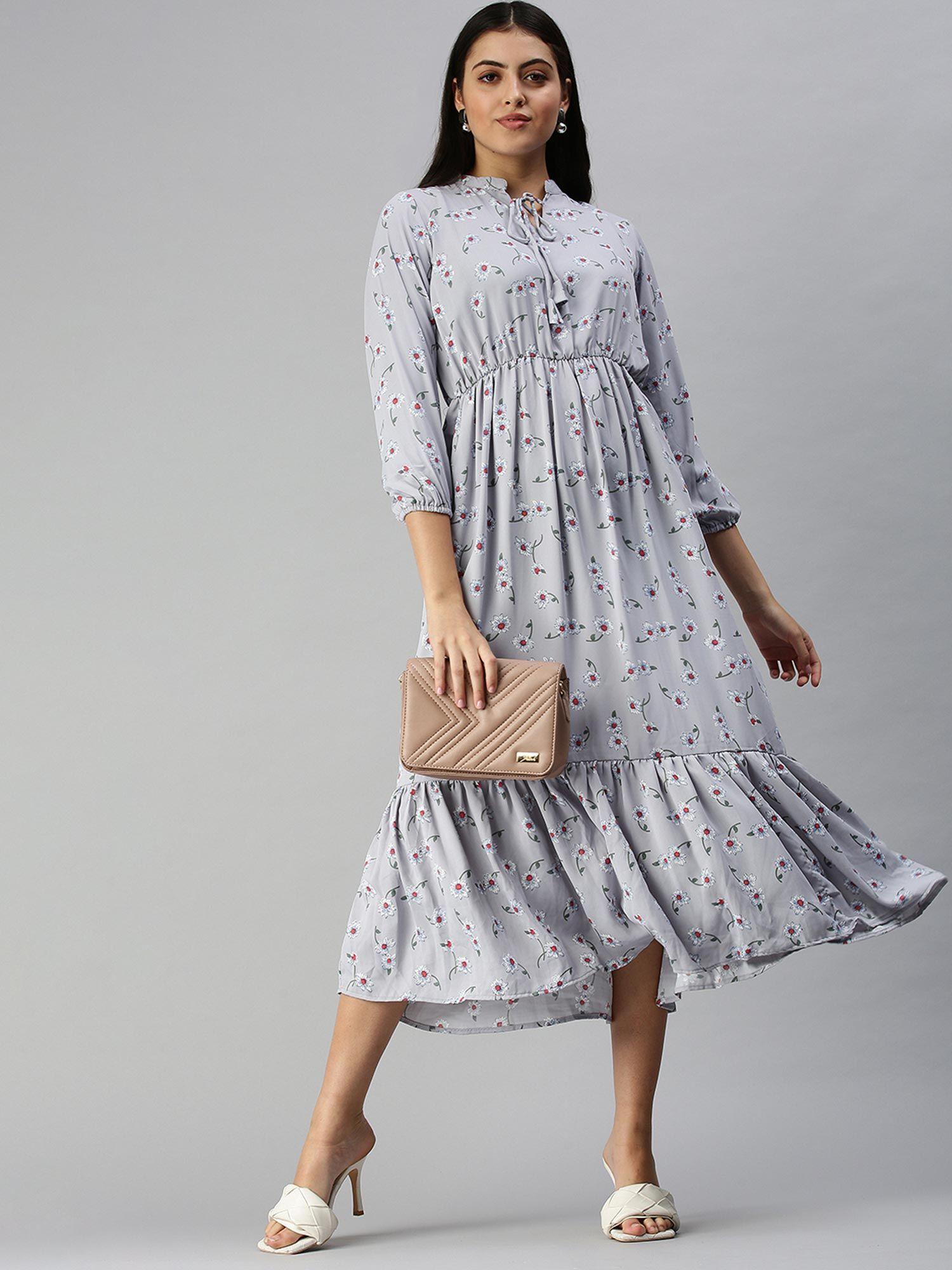 women grey floral mandarin neck a-line dress