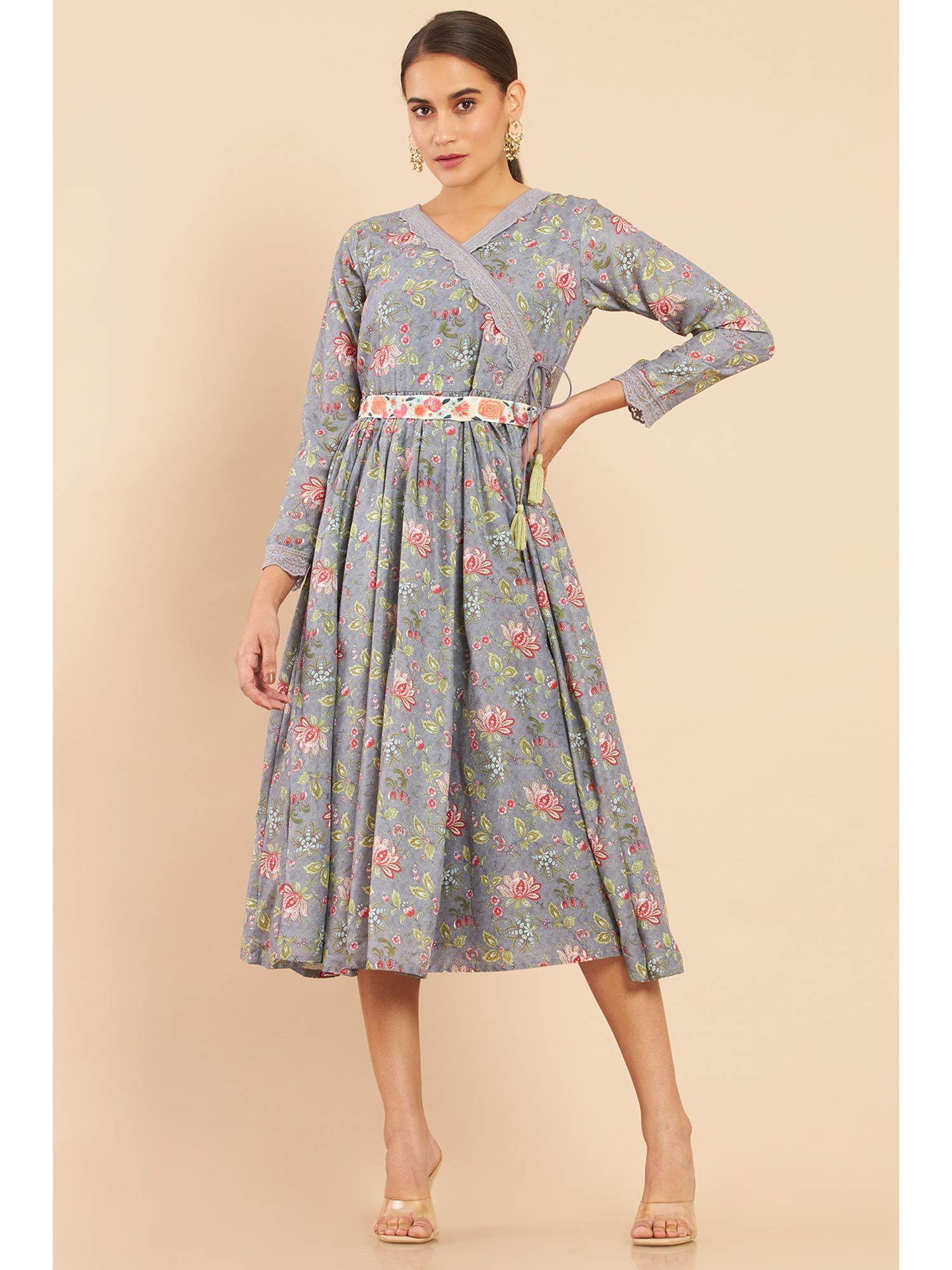 women grey floral midi dress