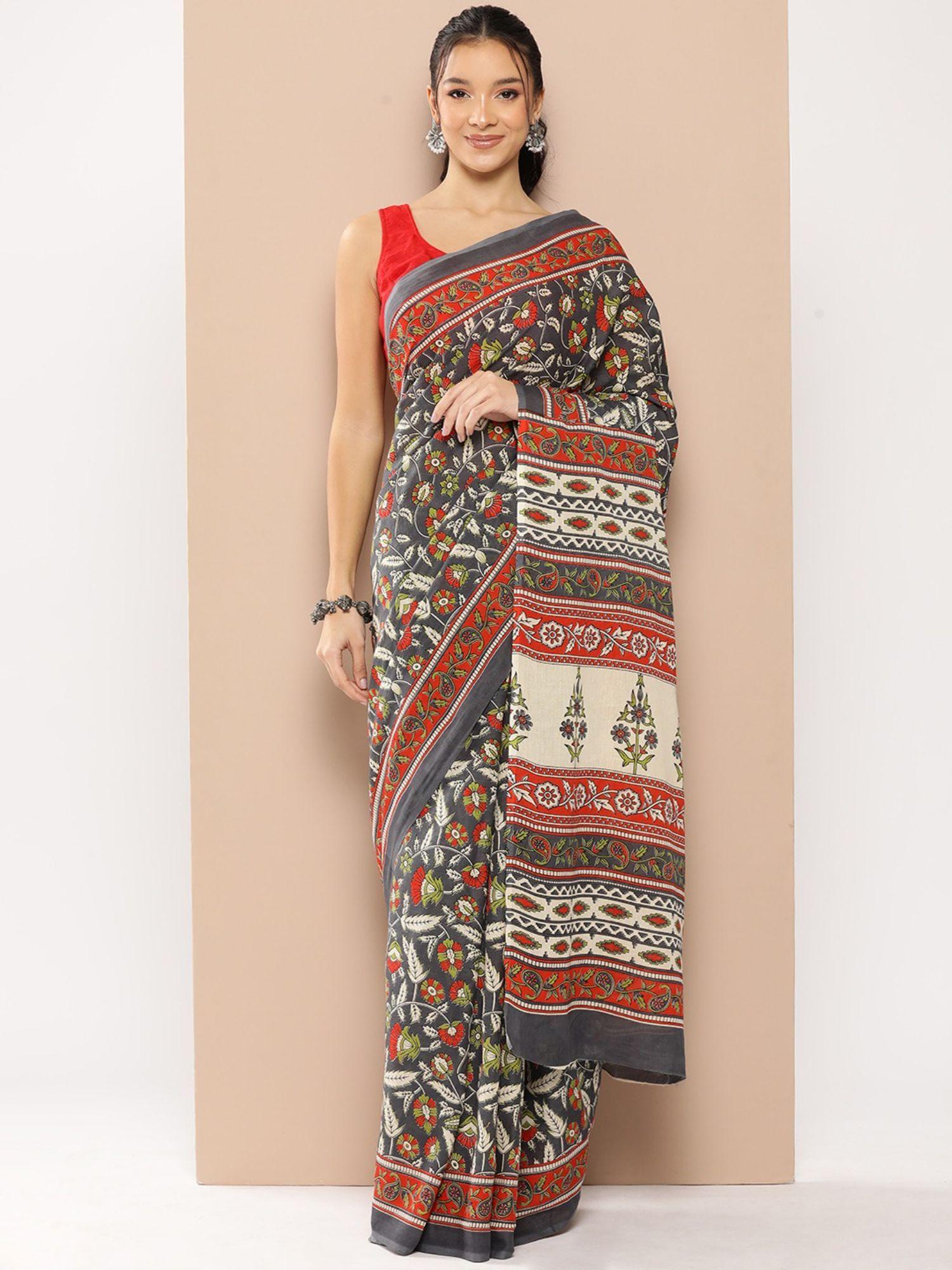 women grey floral print mulmul cotton saree with unstitched blouse