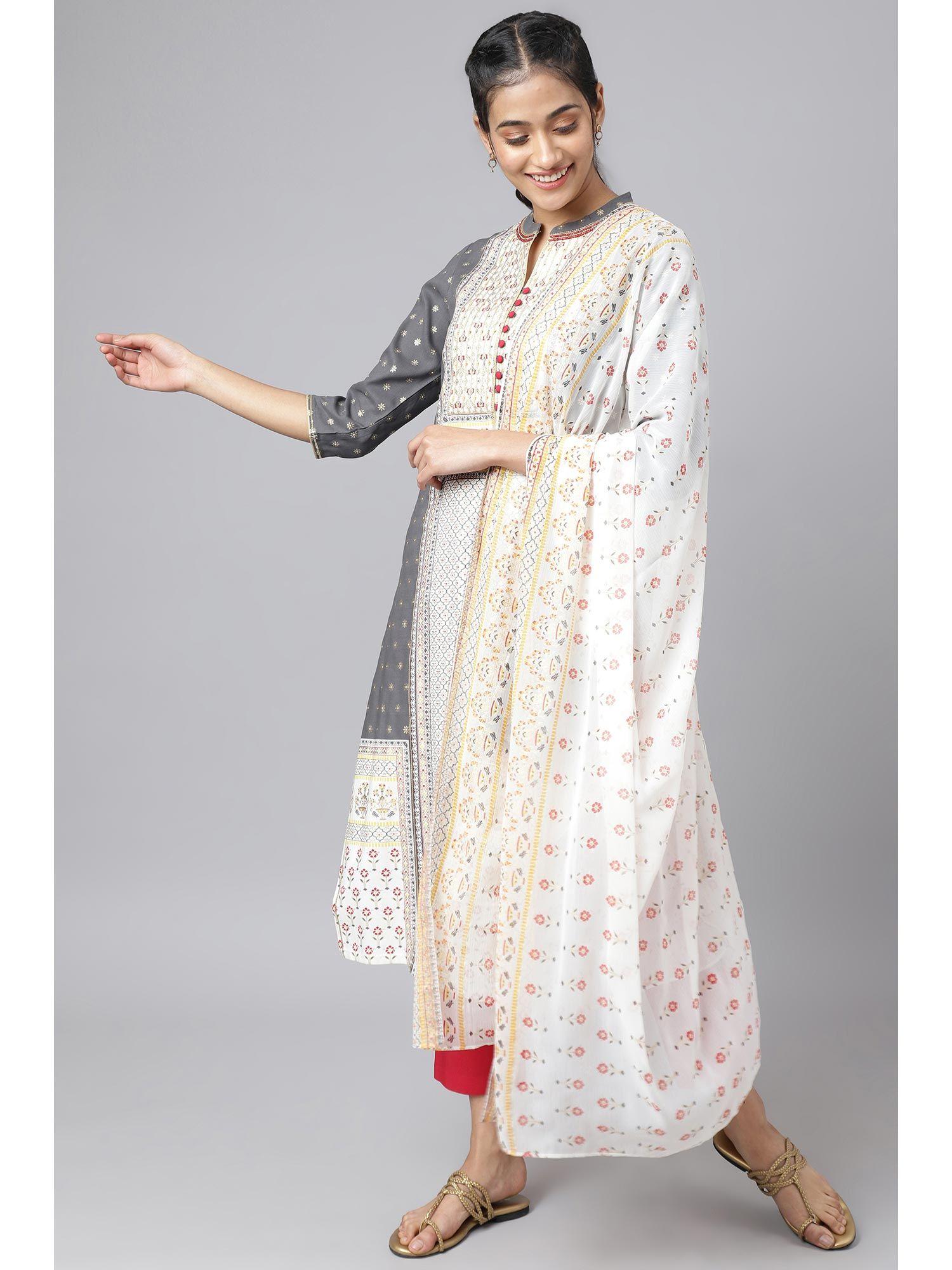 women grey floral print rayon kurta set with trousers & dupatta