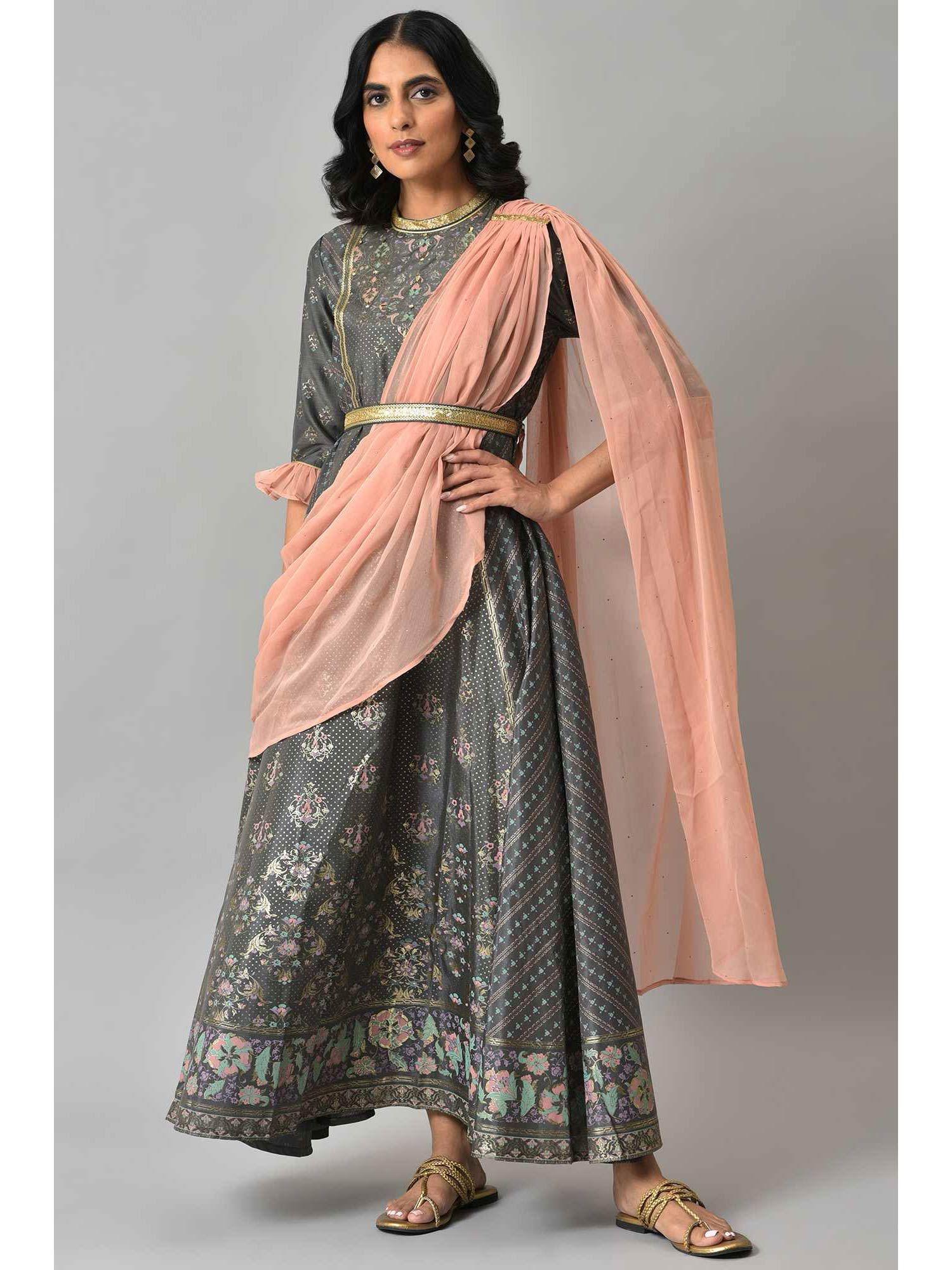 women grey floral print silk dress with dupatta