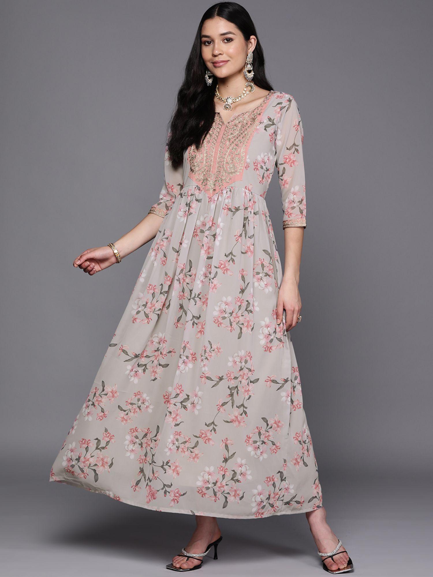 women grey floral printed ethnic dress