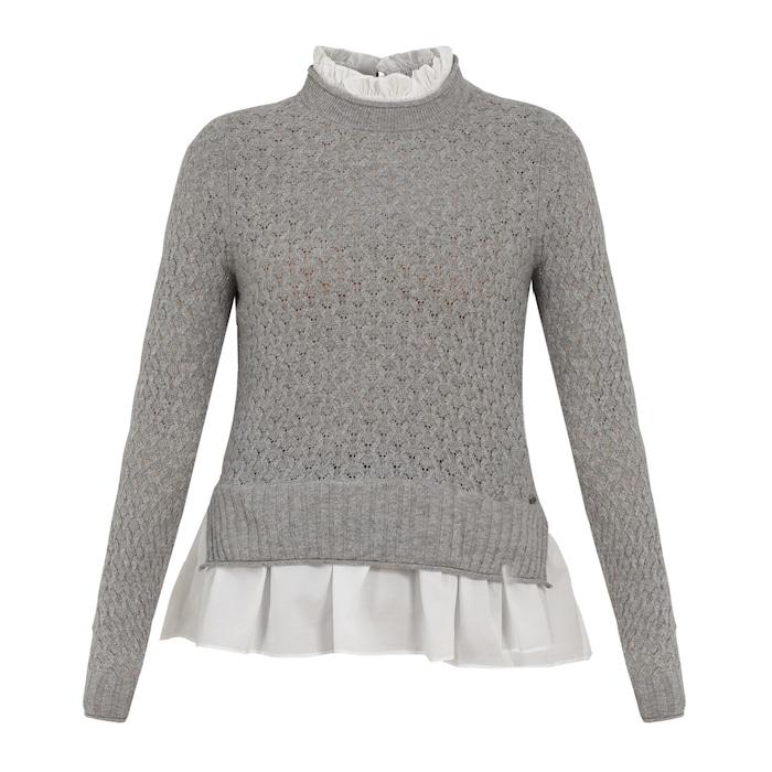 women grey frill neck sweater with mockable shirt