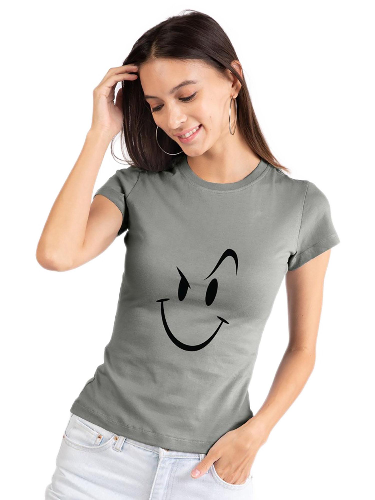 women grey graphic printed slim fit t-shirt