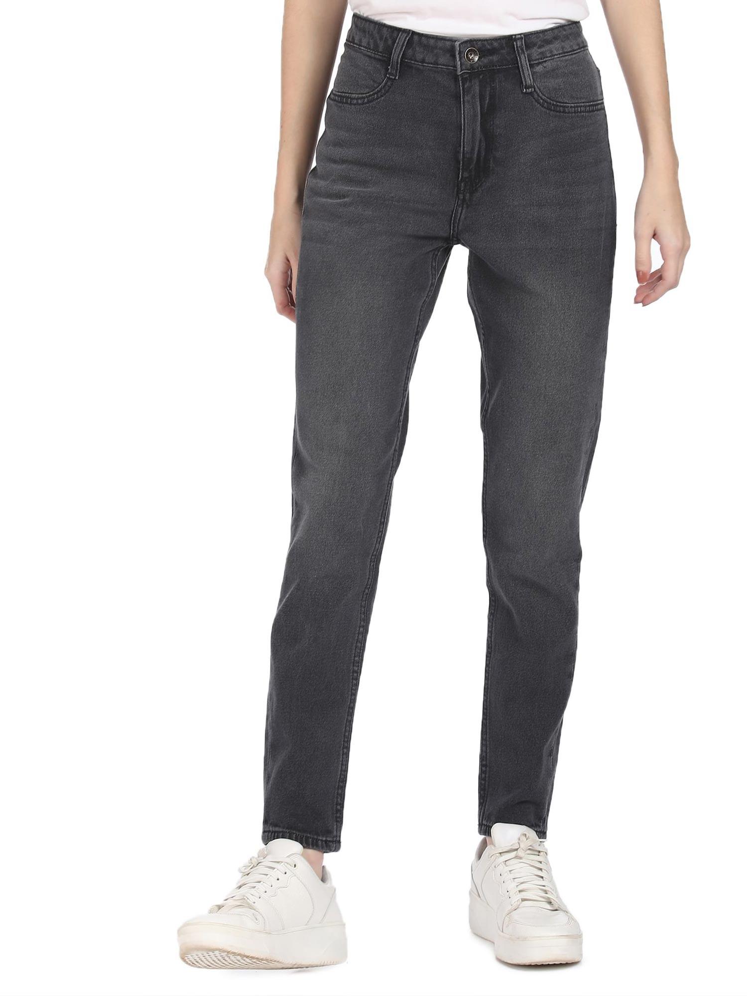 women grey high rise dark wash jeans