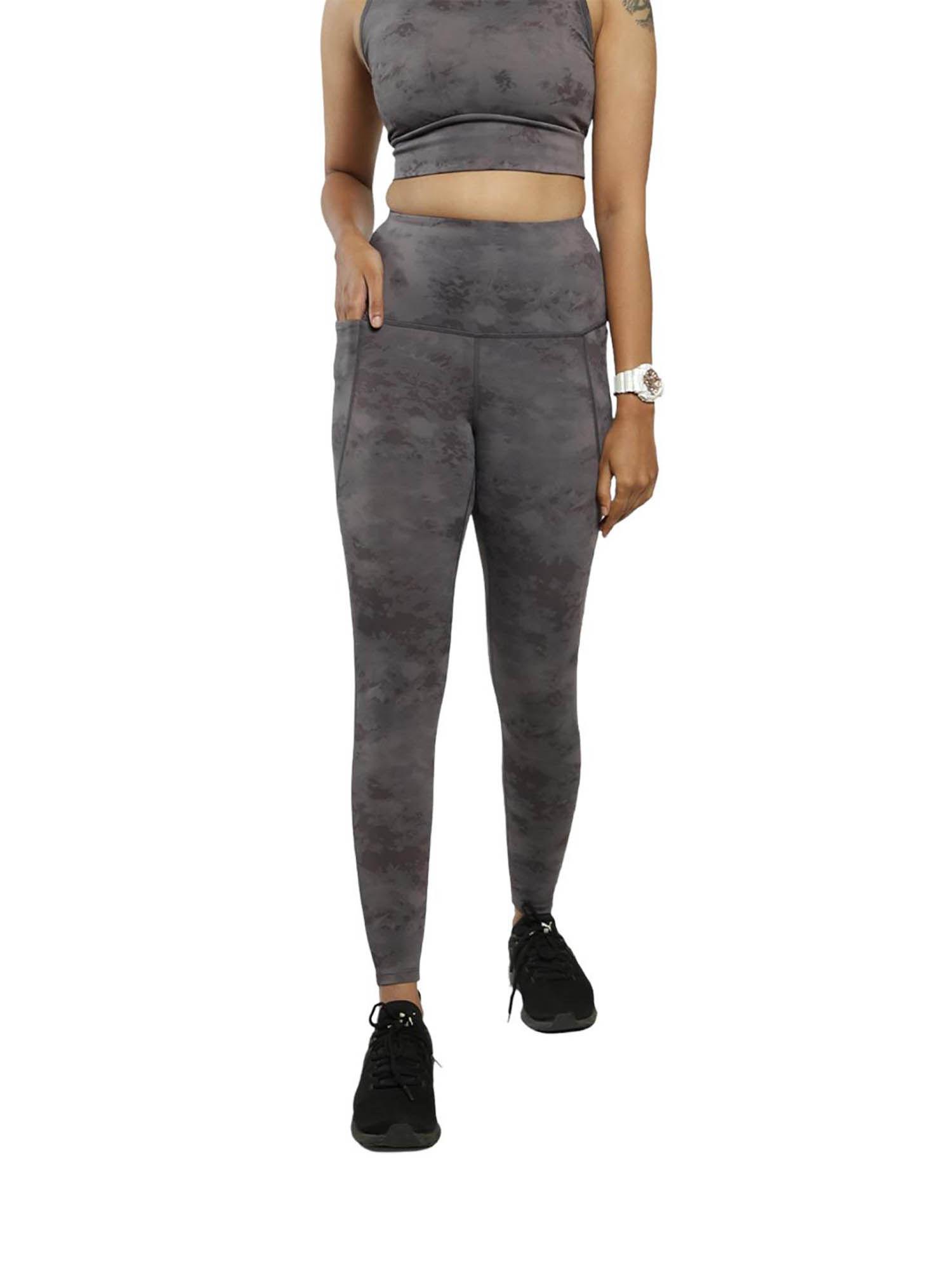 women grey high rise tie dye leggings with two side pockets