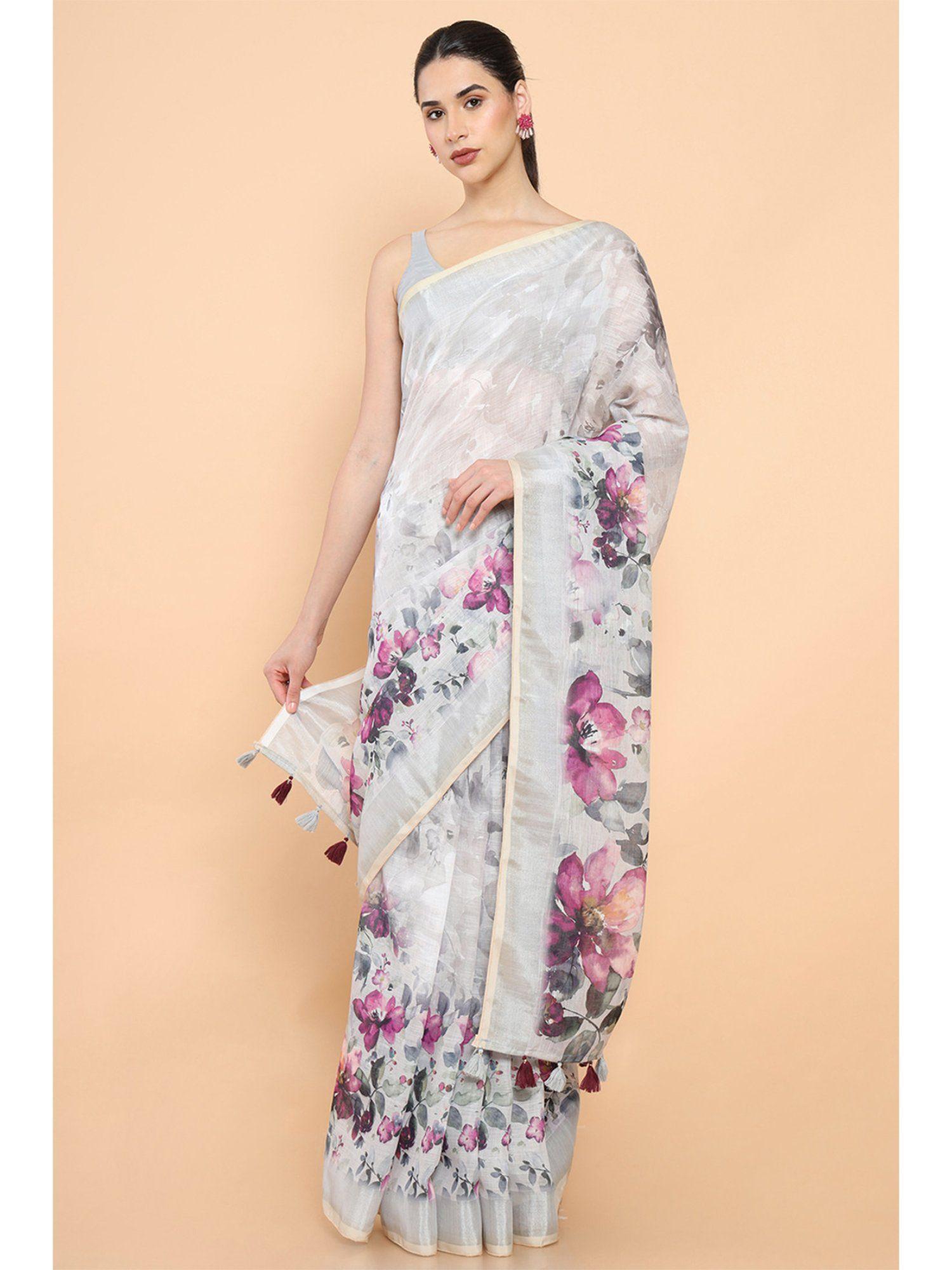 women grey linen floral saree with unstitched blouse