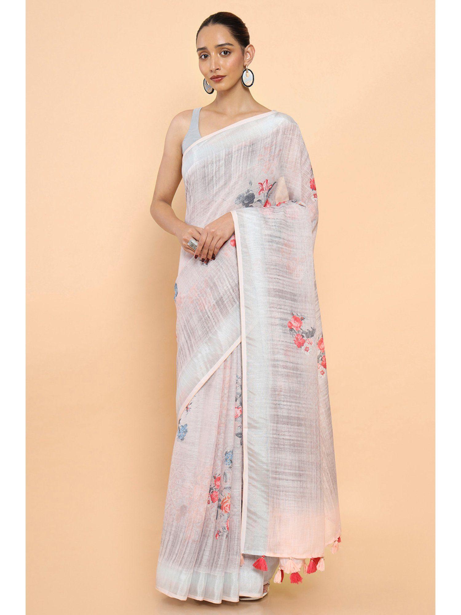 women grey linen floral saree with unstitched blouse