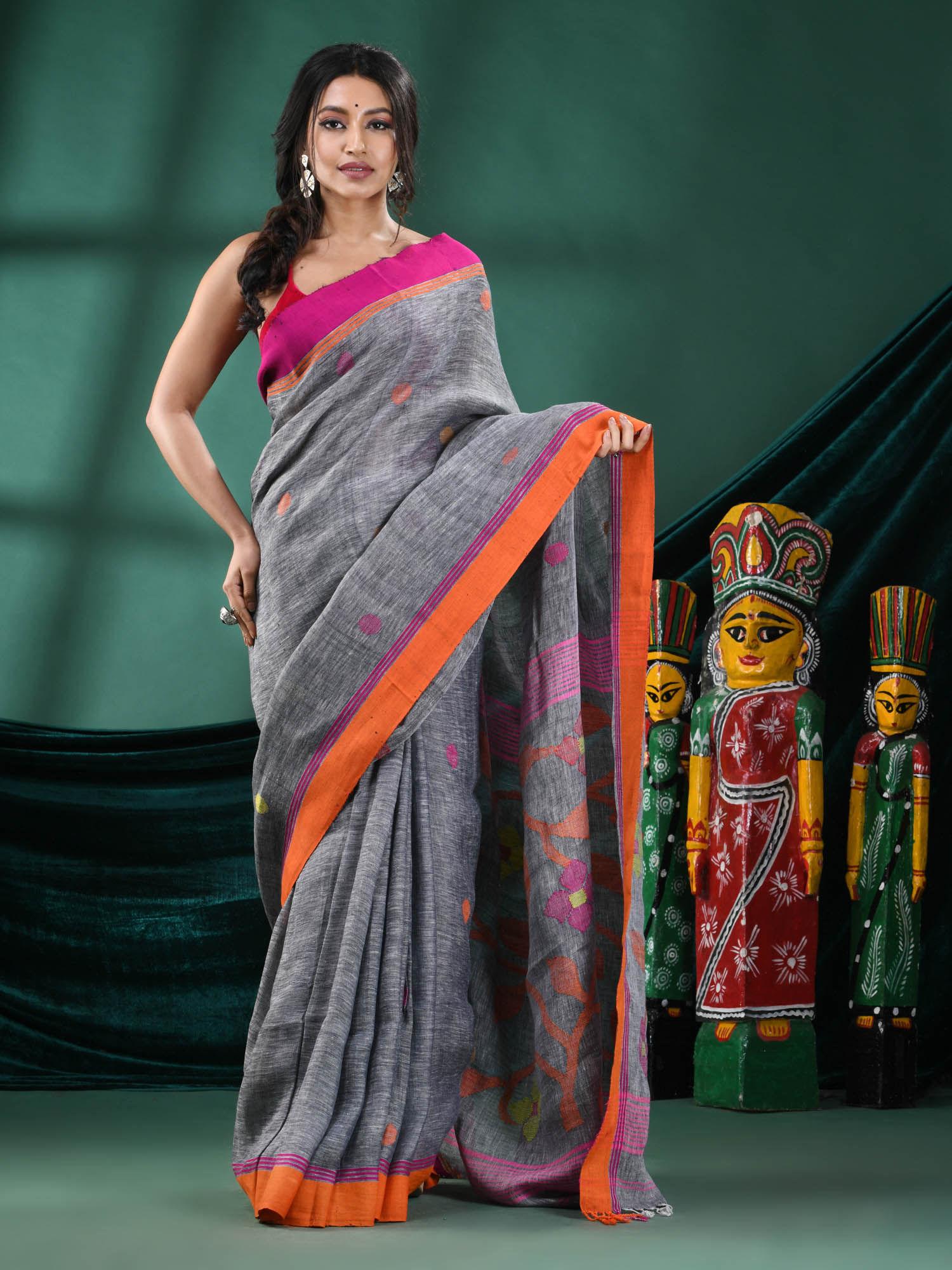 women grey linen floral woven saree with unstitched blouse