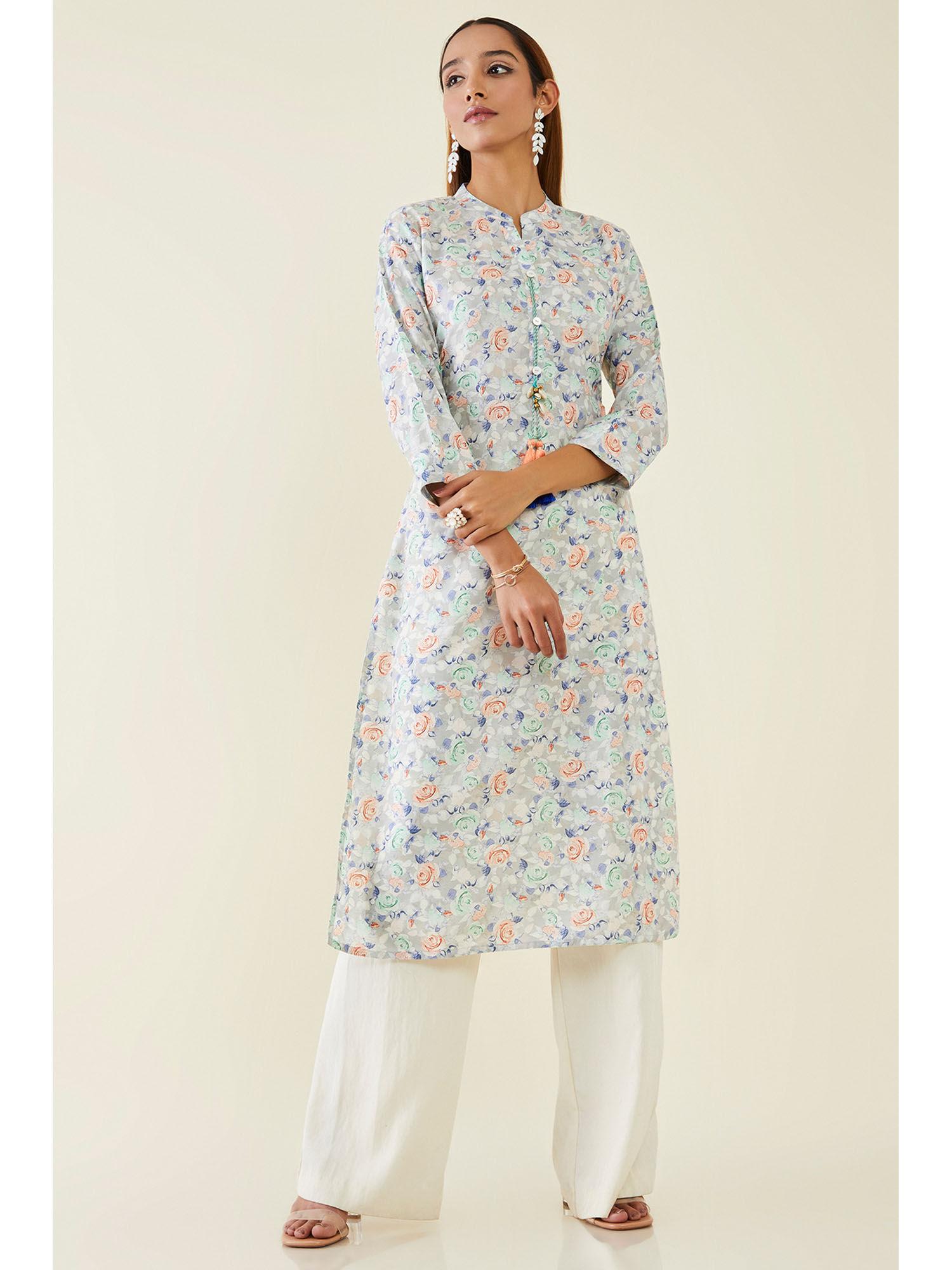 women grey linen printed kurta