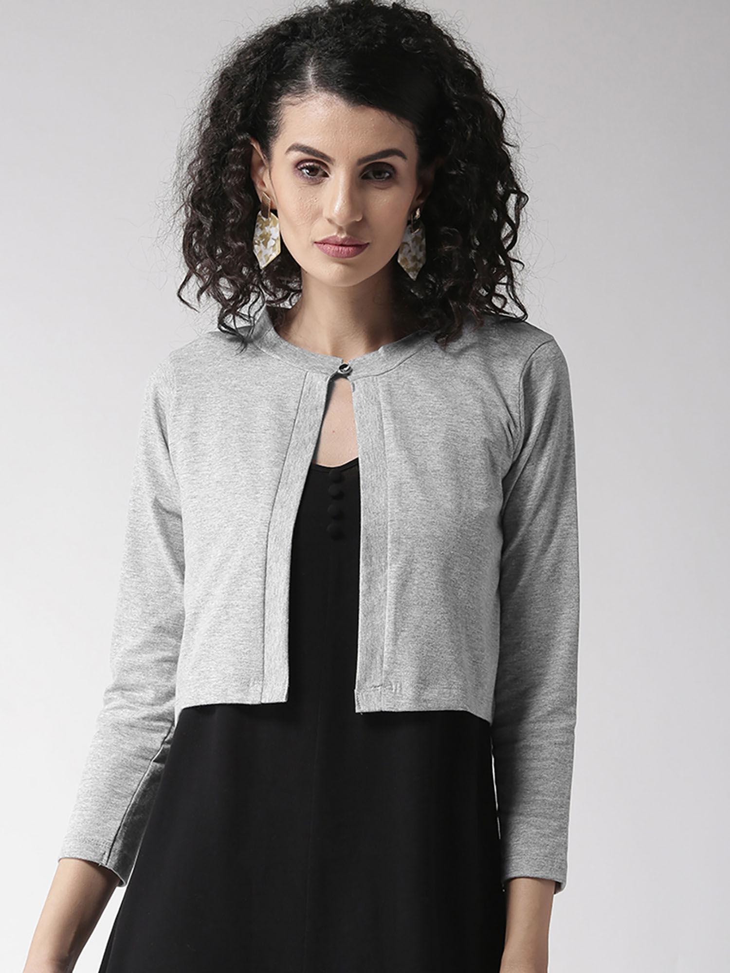 women grey melange solid crop button shrug