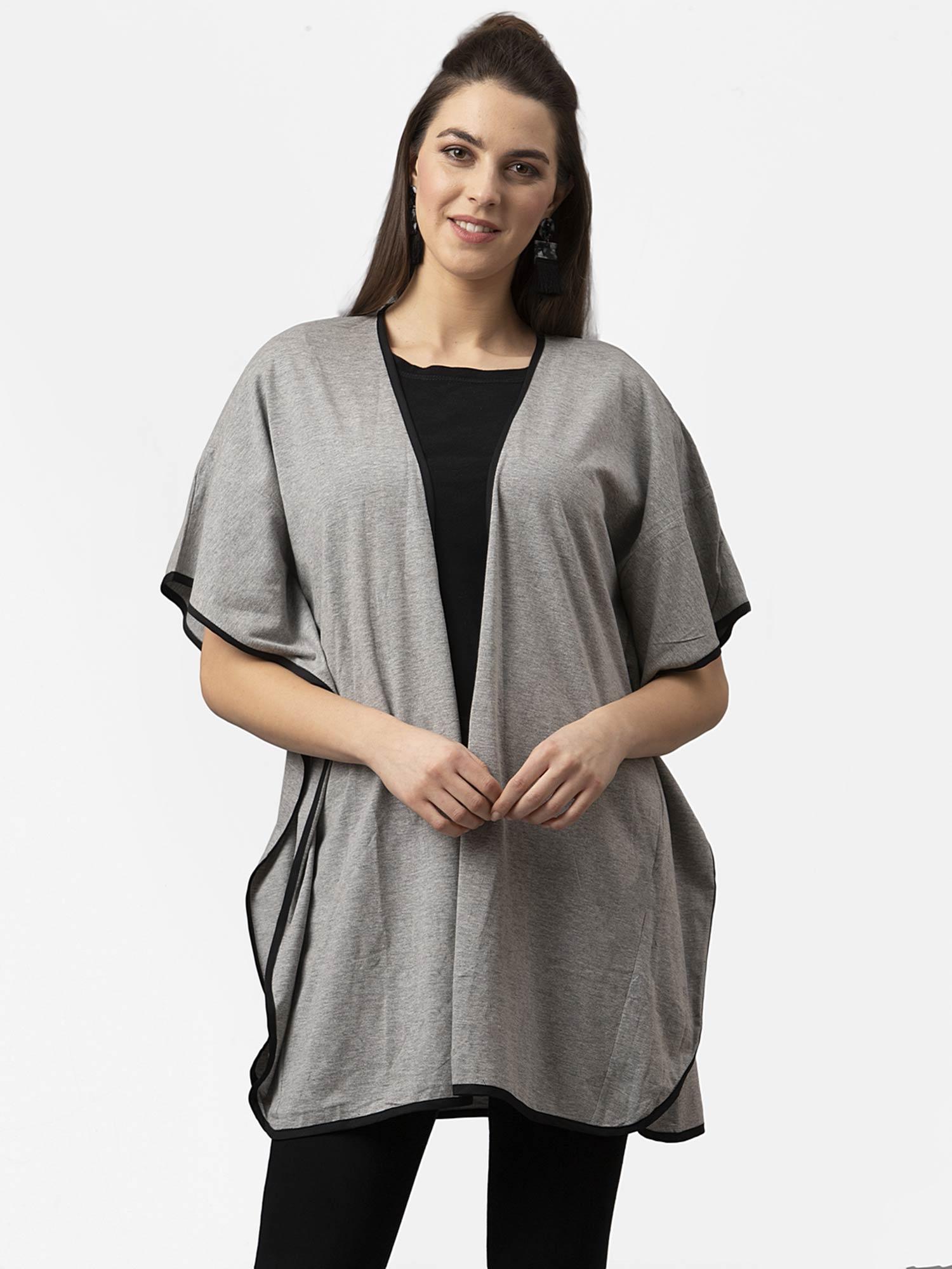 women grey melange solid open front shrug