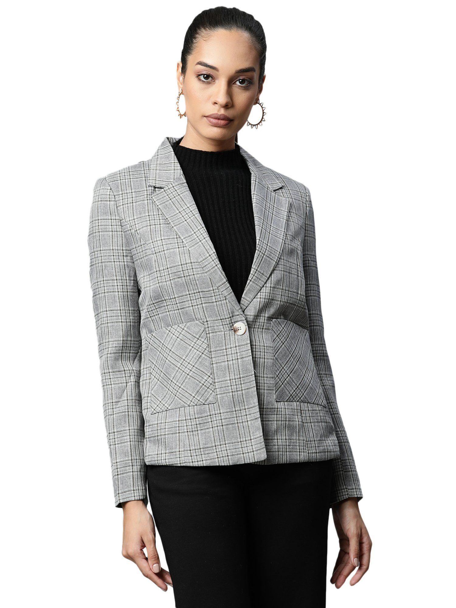 women grey notch collar princess panel checkered coat