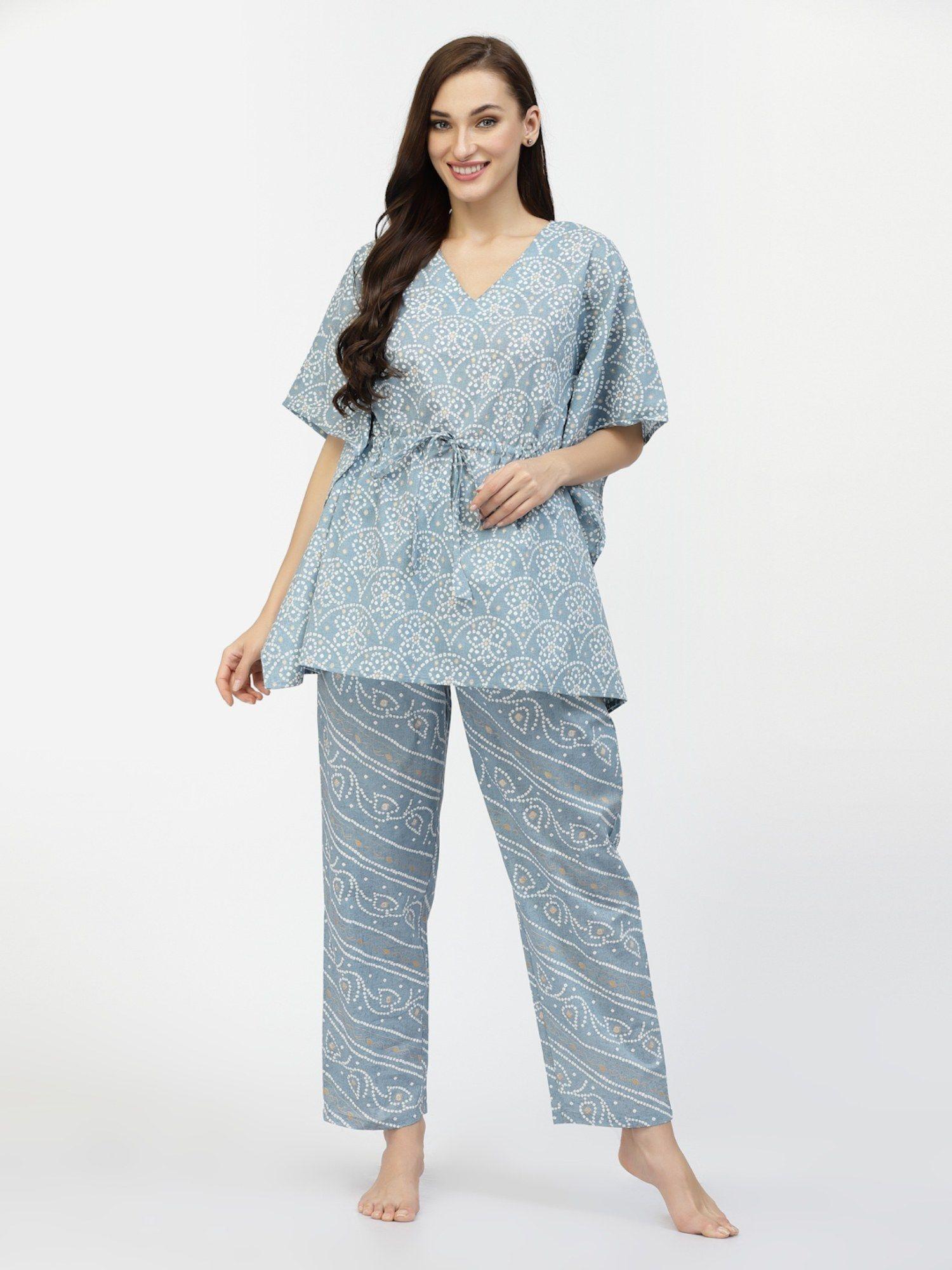 women grey paisley print pure cotton longline kaftan nightsuit - grey (set of 2)
