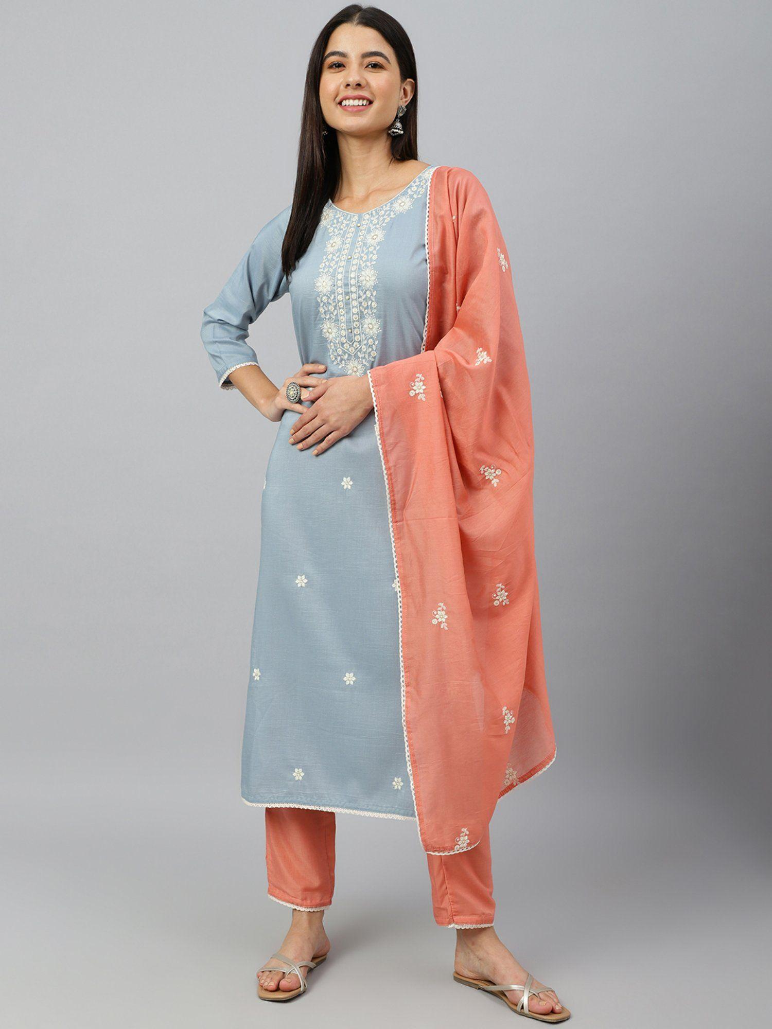 women grey peach poly silk embroidery kurta pants and dupatta (set of 3)