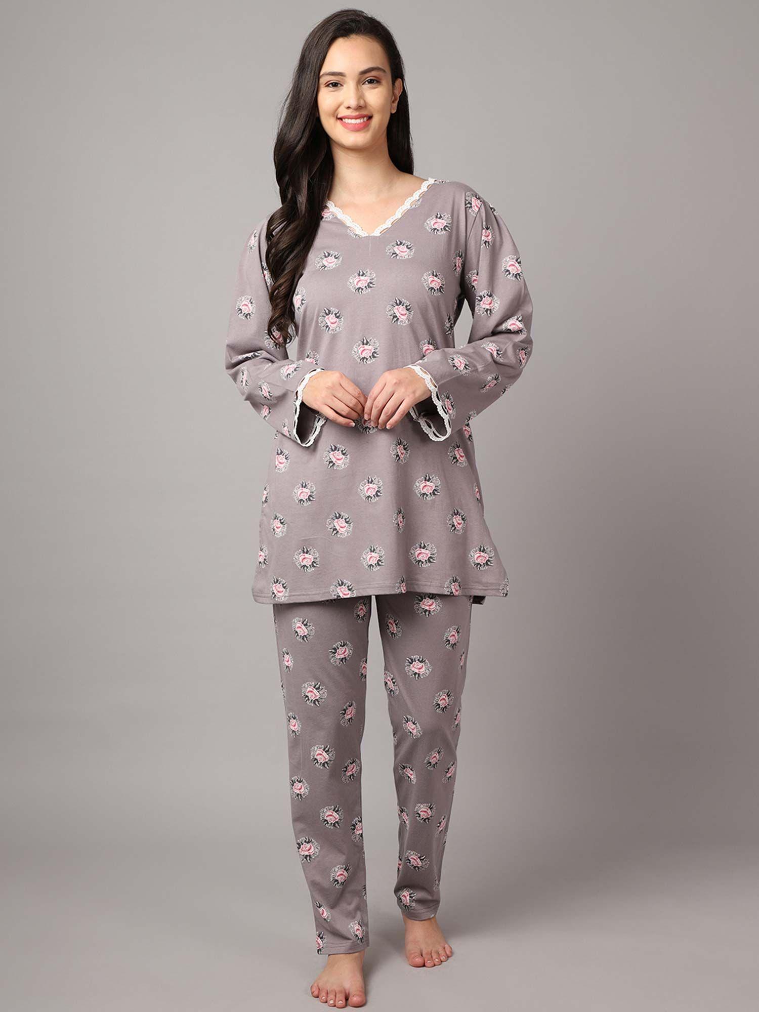 women grey pink printed night suit