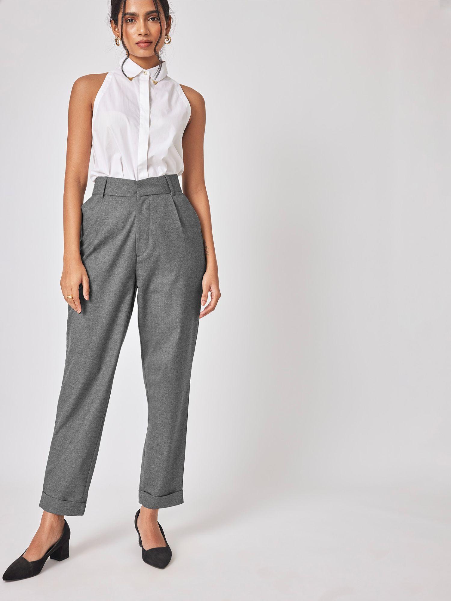 women grey pleated trousers