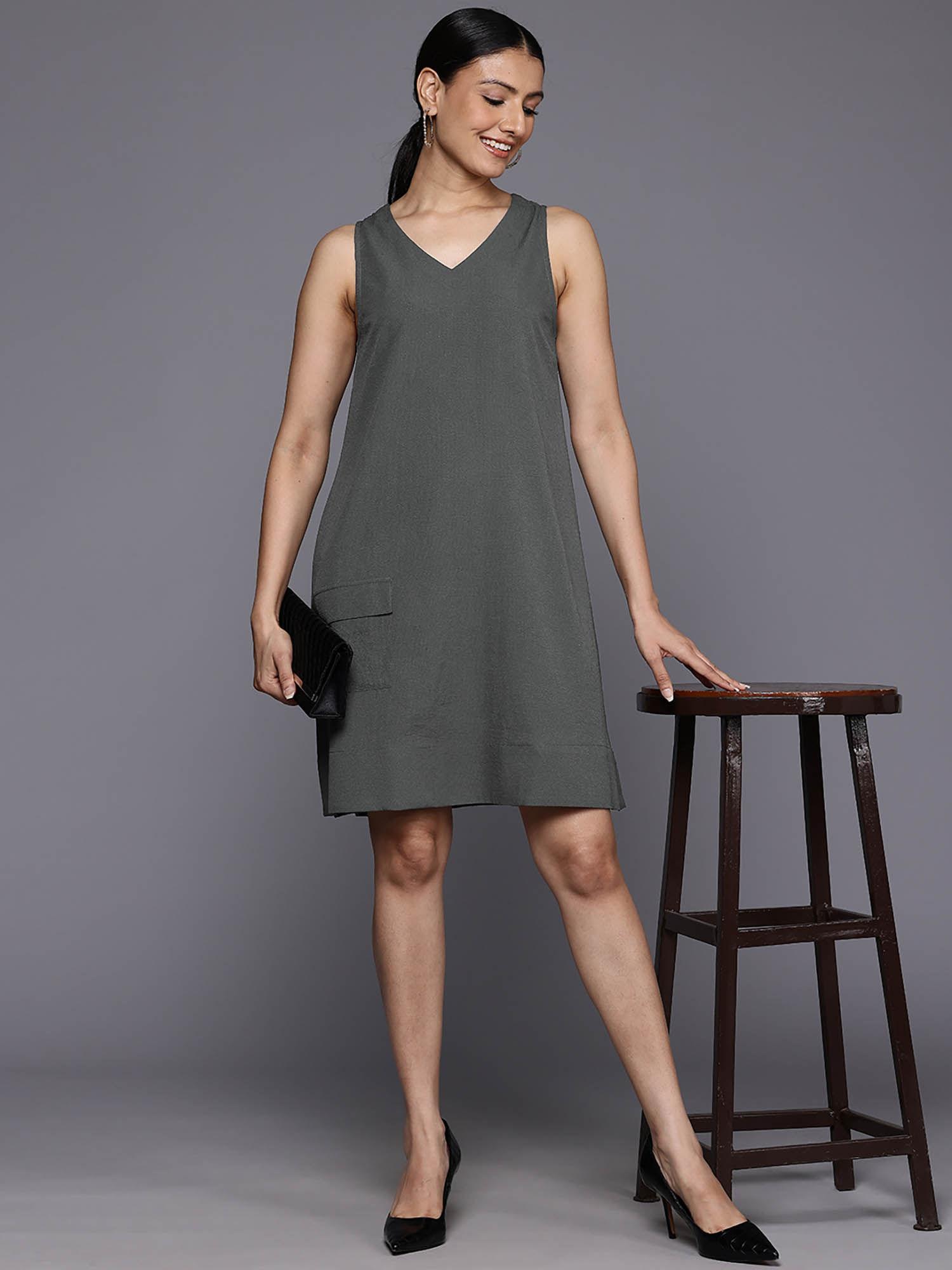 women grey pocket desilted a-line mini dress