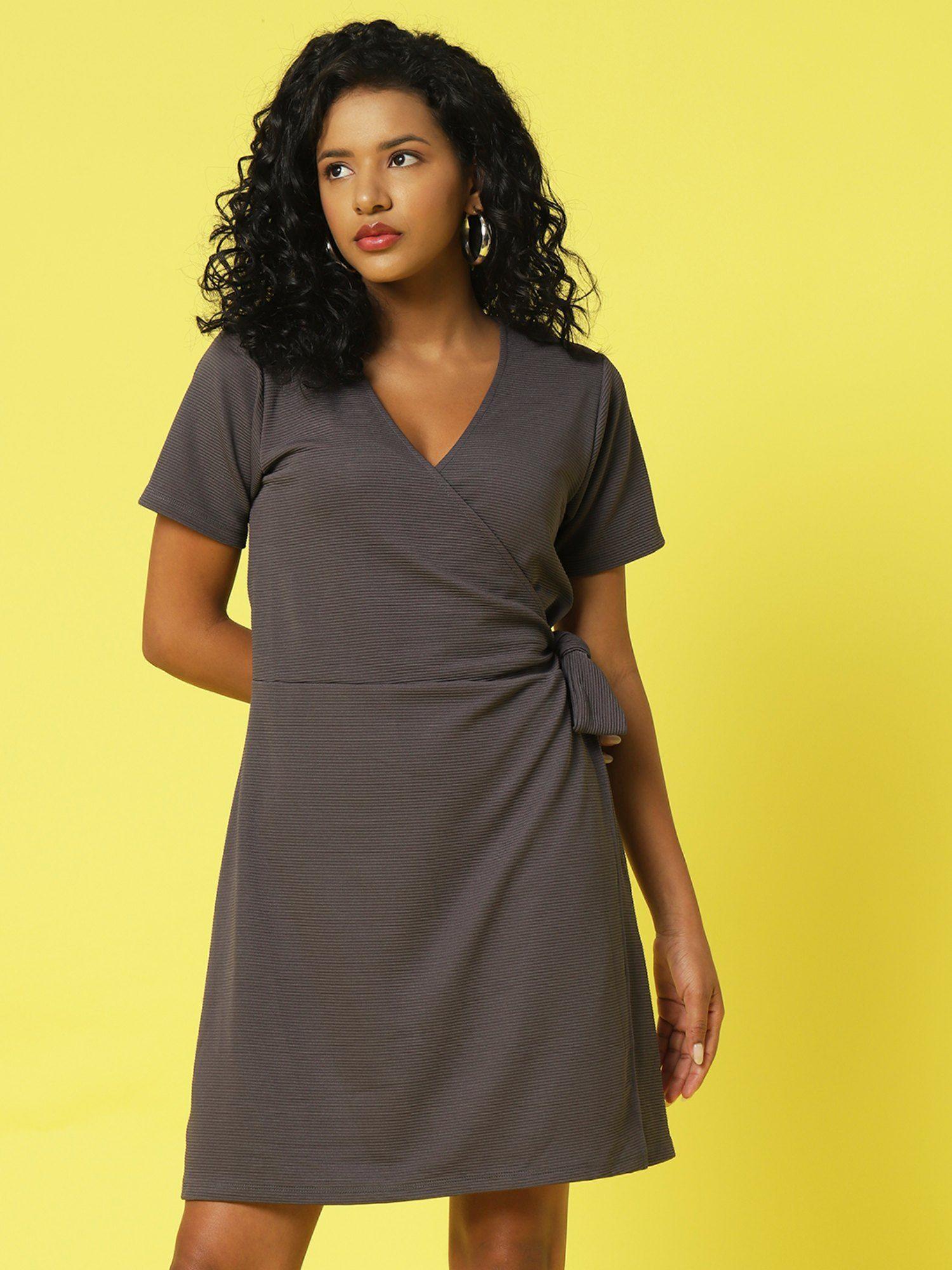 women grey poly corduroy wrap dress