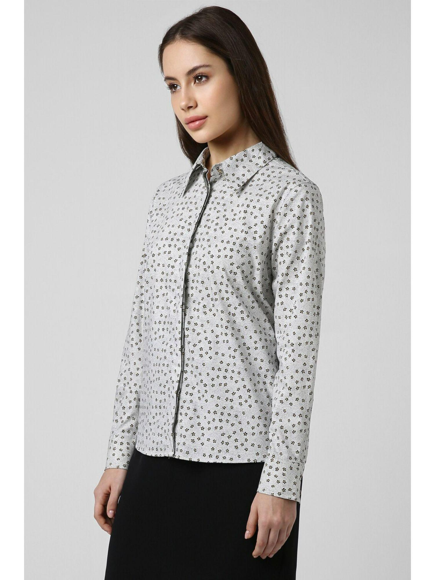 women grey print long sleeves formal shirt