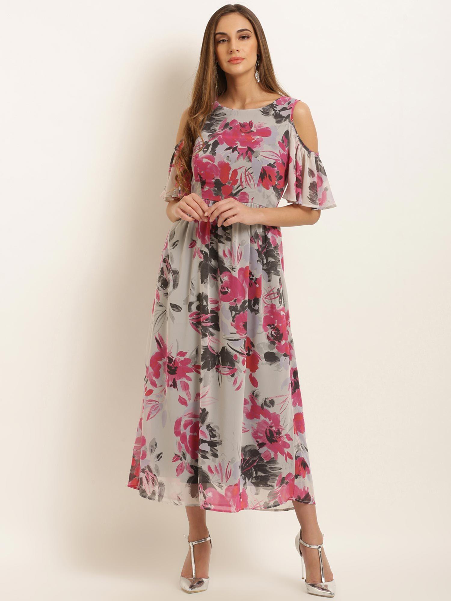 women grey printed fit and flare dress