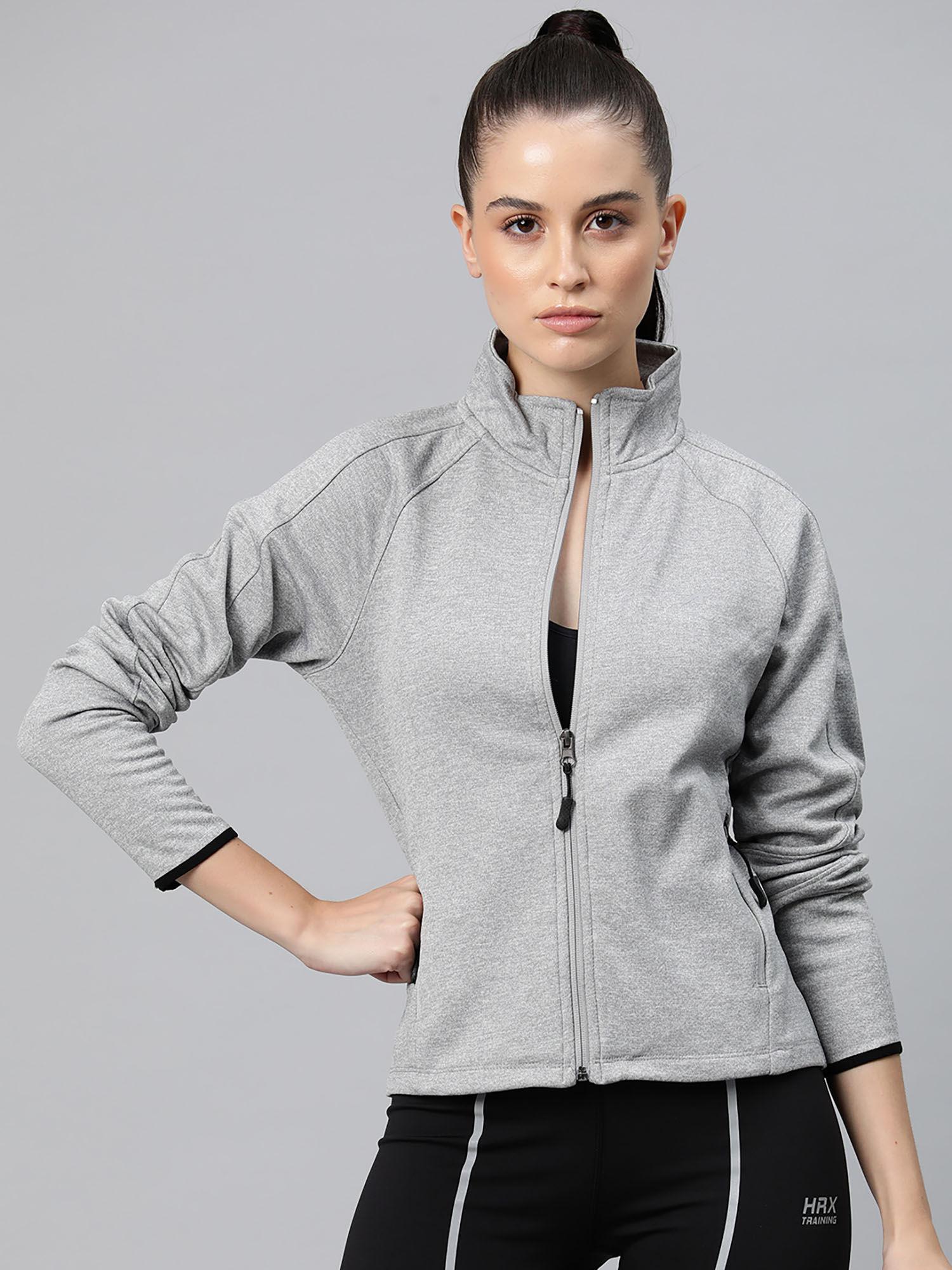 women grey printed polyester slim fit jacket