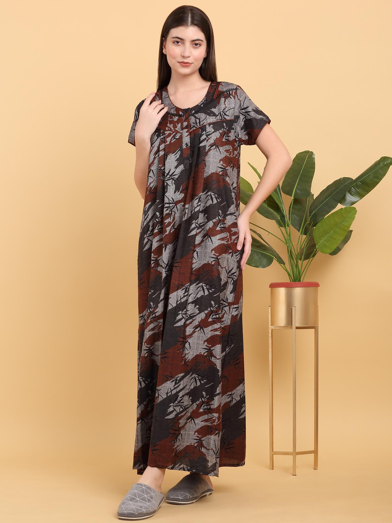 women grey printed round neck nightdress