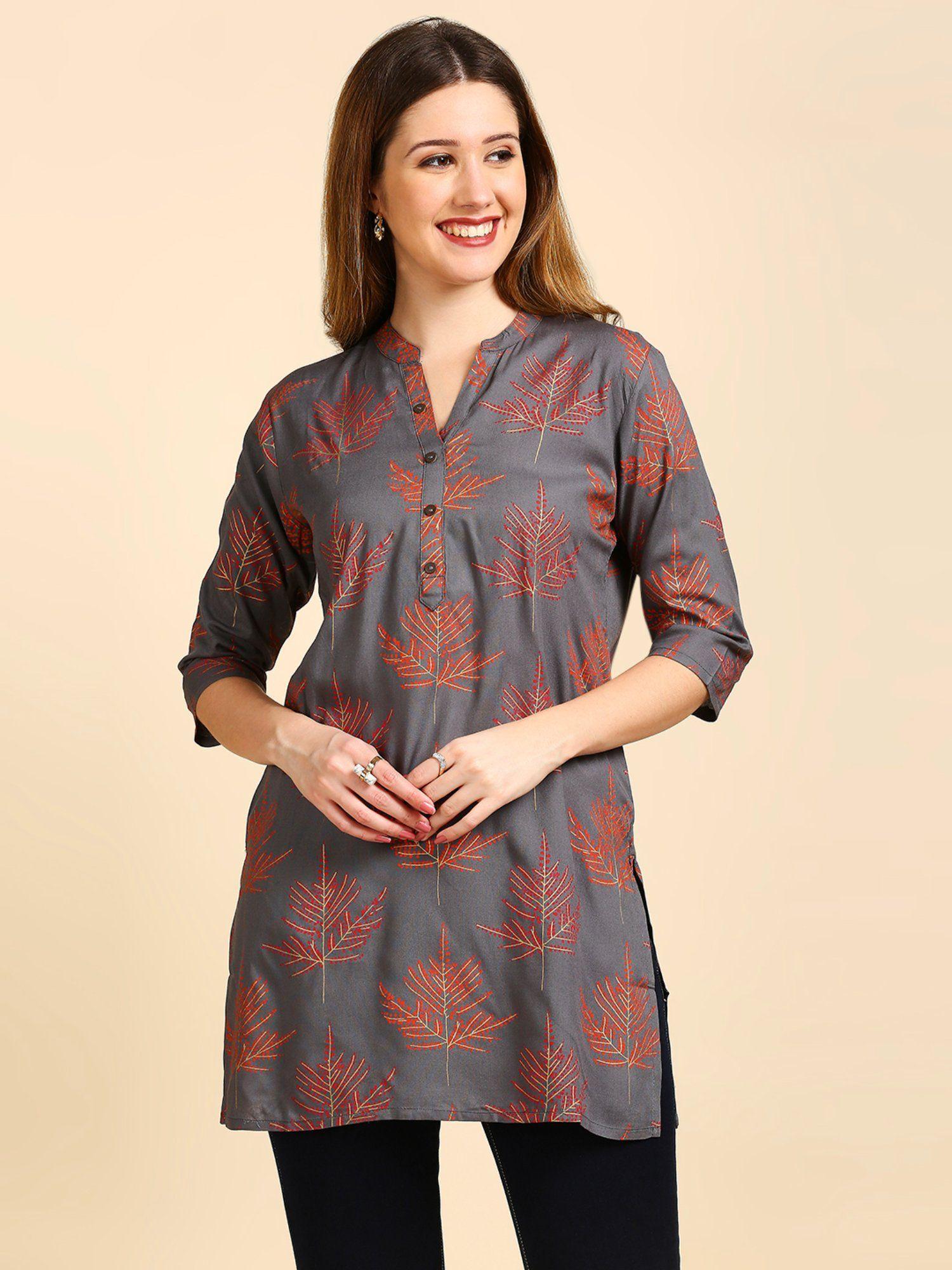 women grey printed straight kurti