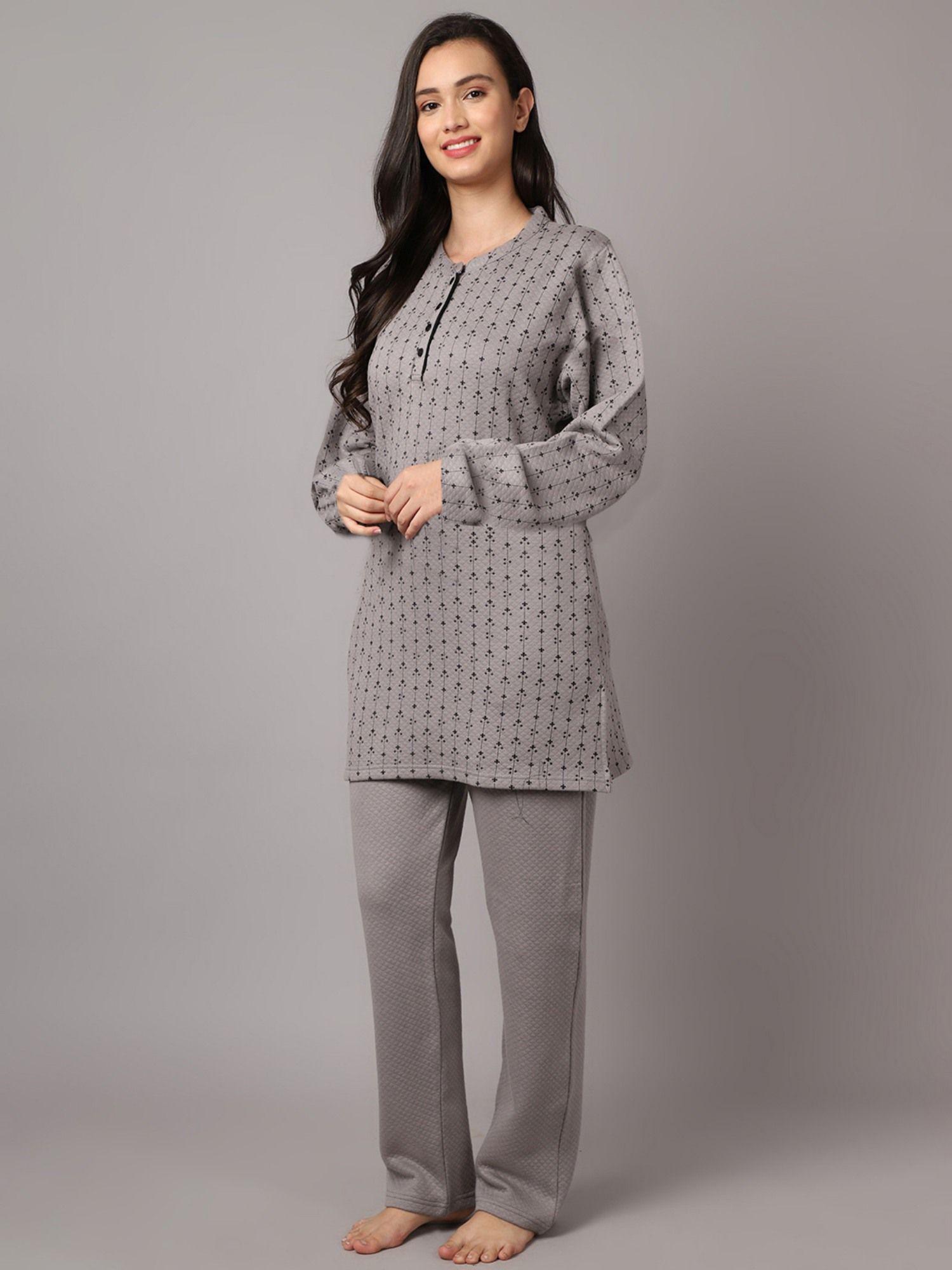 women grey printed winter wear night suit