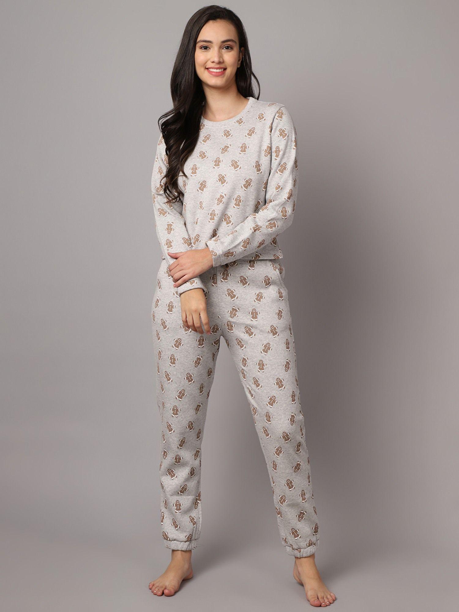 women grey printed winter wear night suit