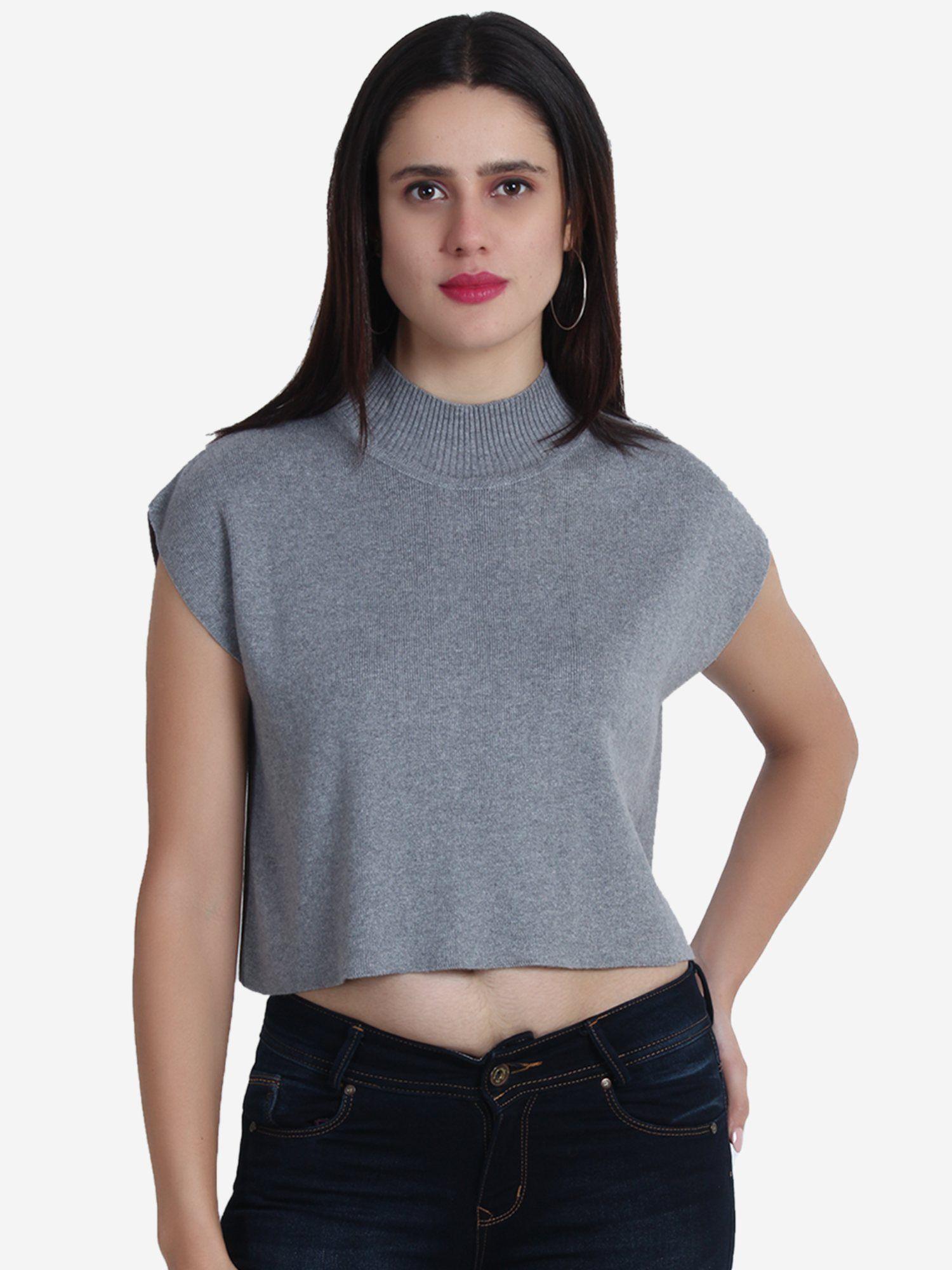 women grey pullover crop top