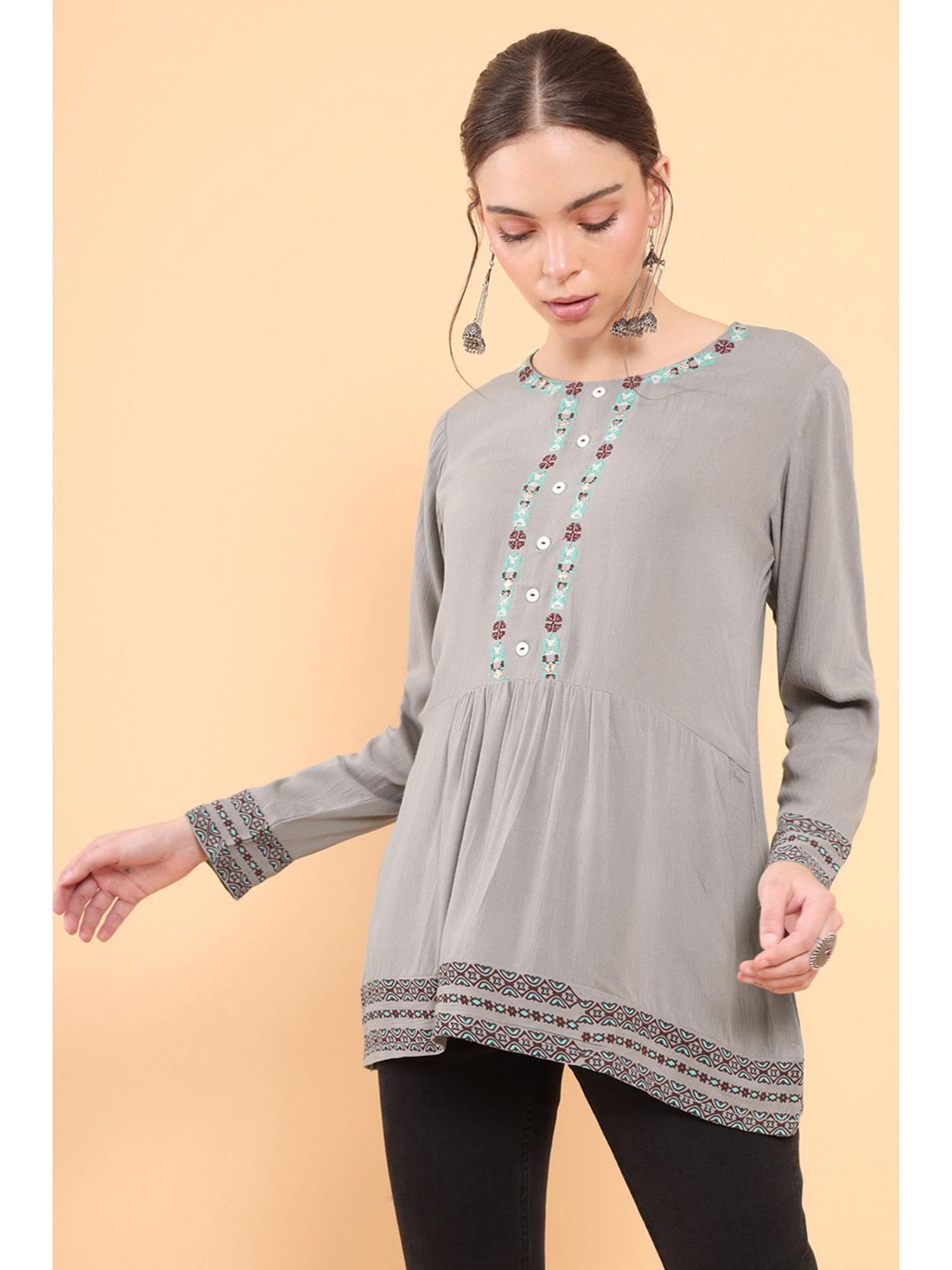 women grey rayon embroidered tunic