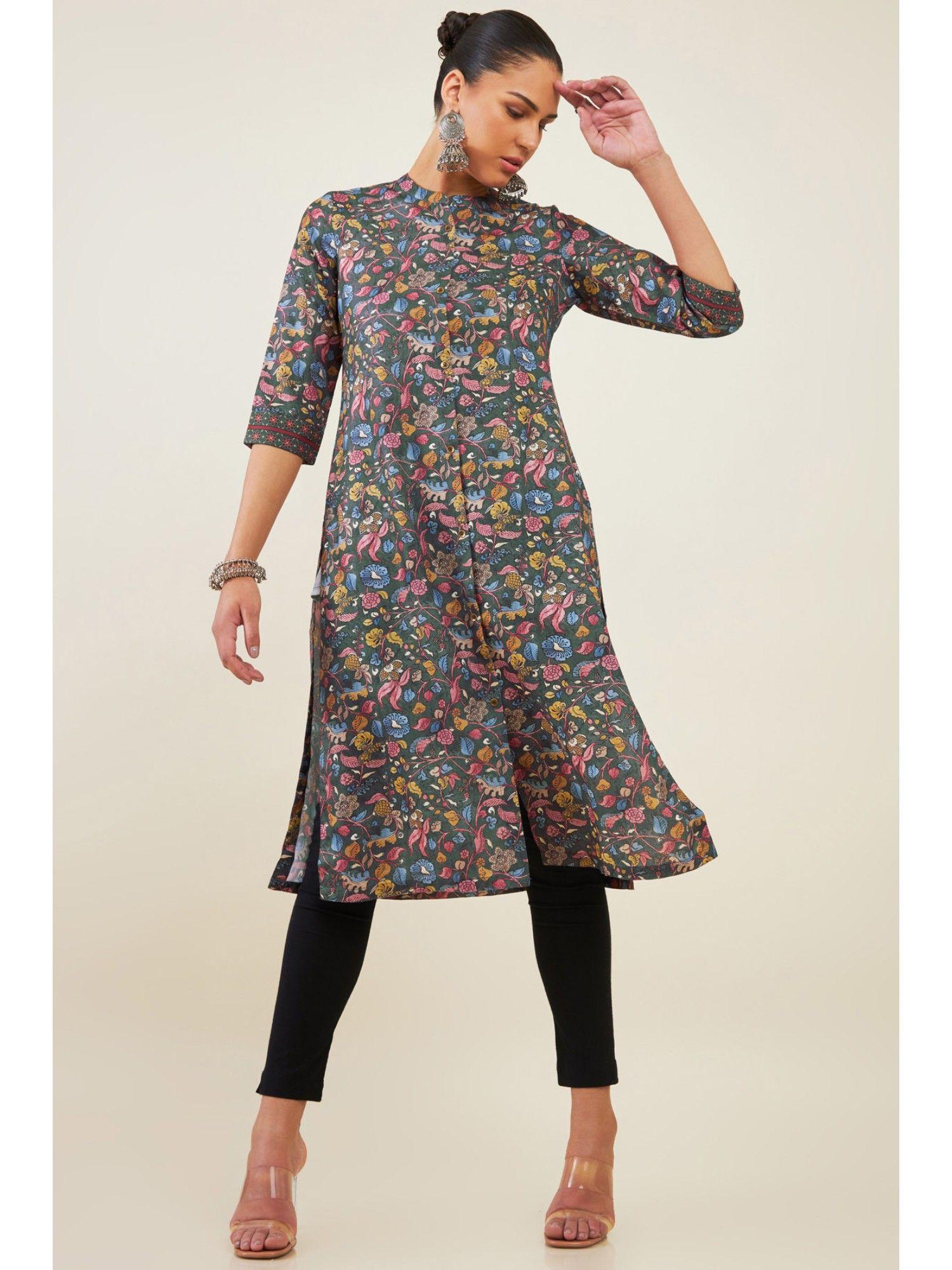 women grey rayon printed kurta