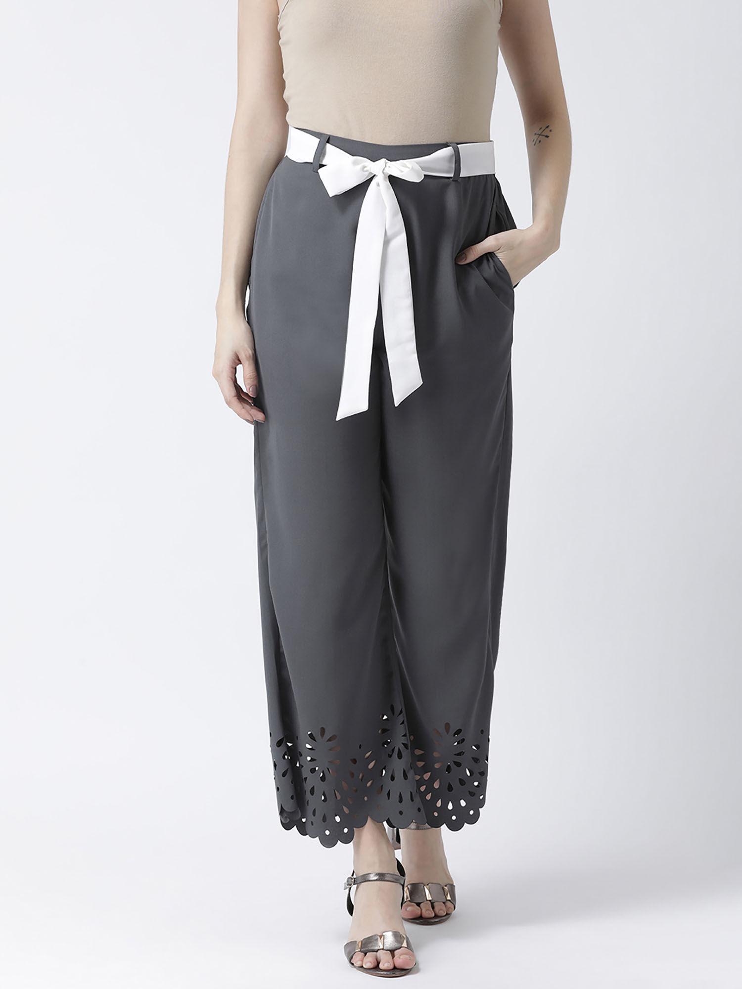 women grey regular fit self design wide mid waist pant