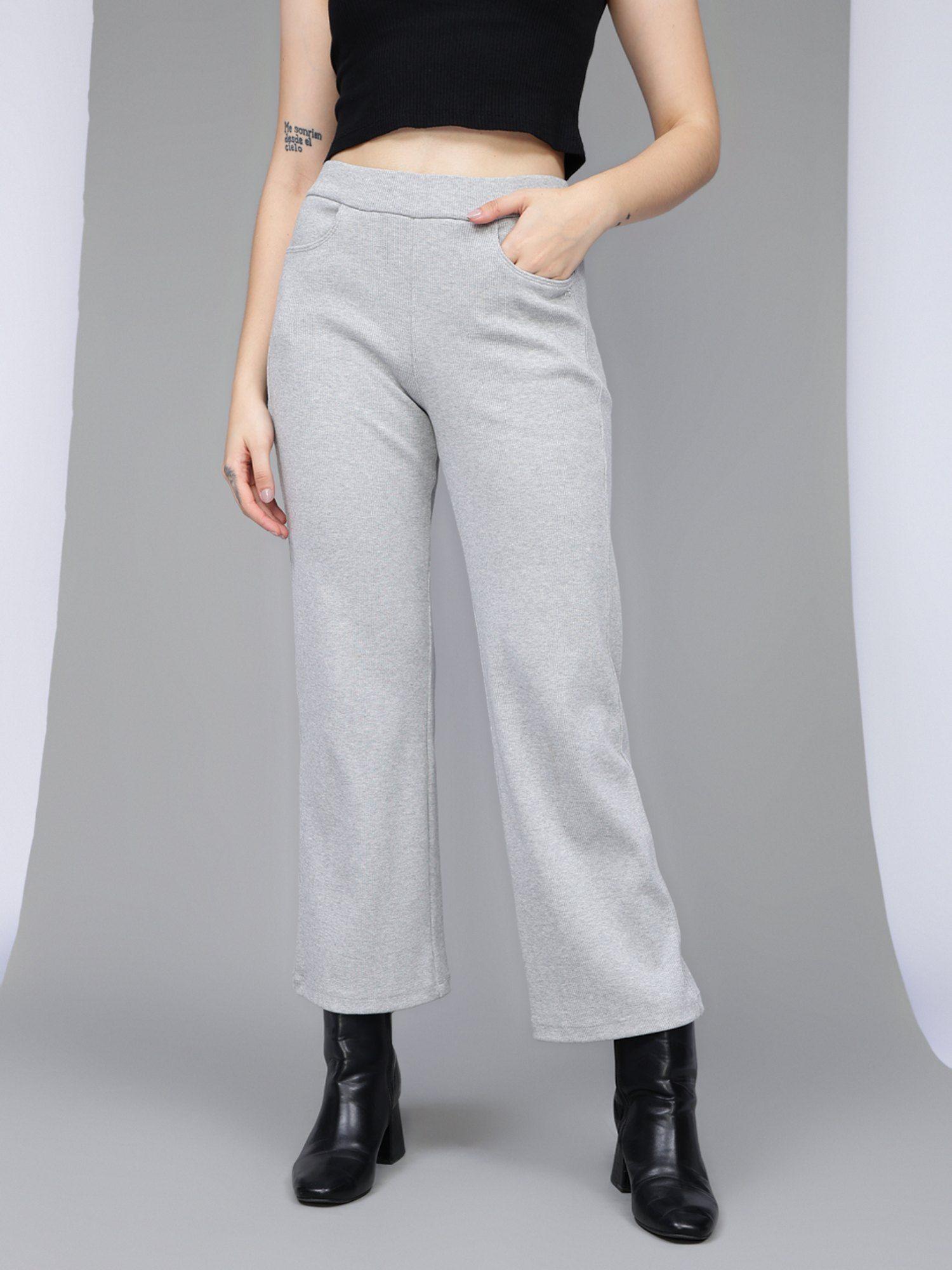 women grey ribbed wide leg high-rise trousers